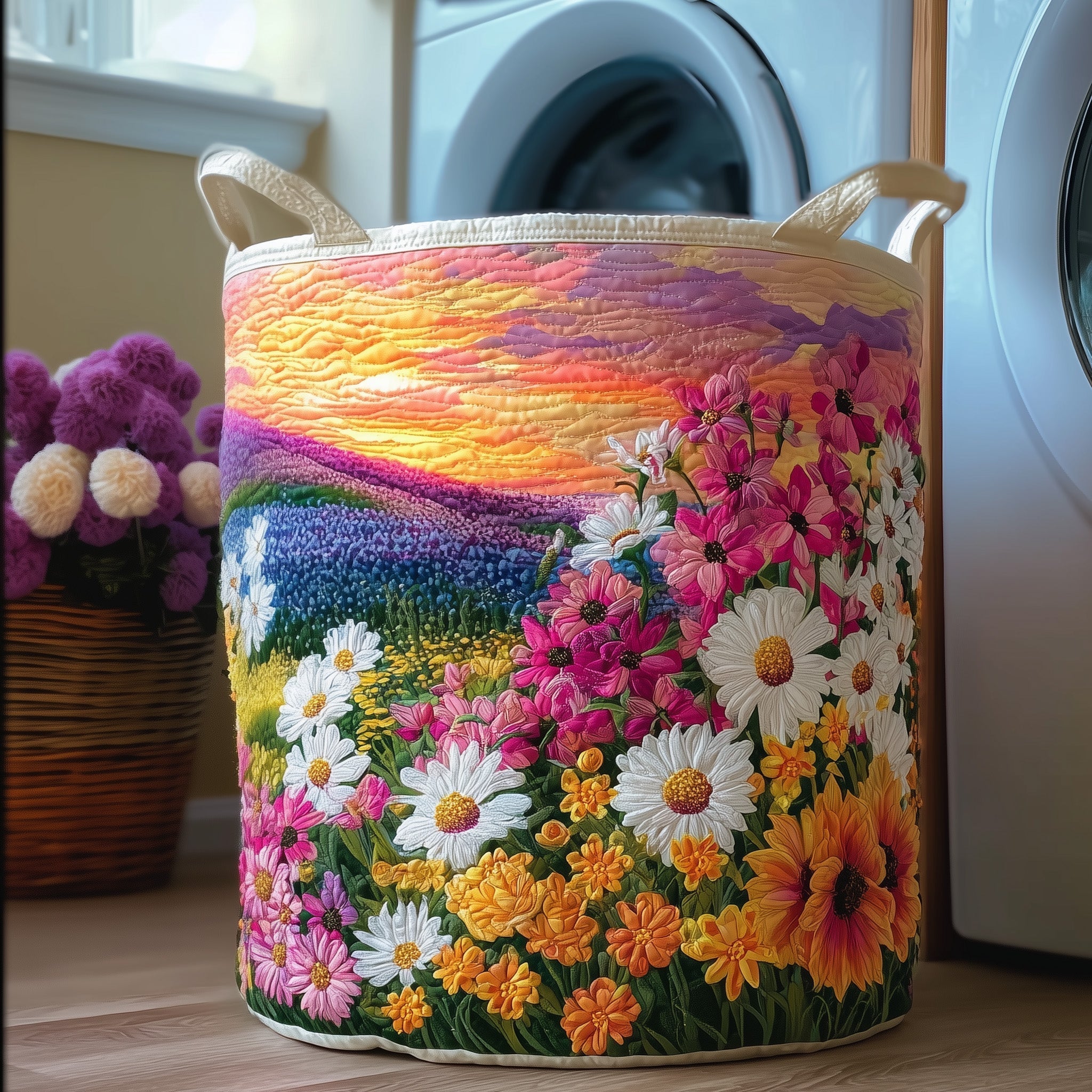 Floral Sunset Landscape Quilted Laundry Basket Floral Sunset Hamper Gift For Mom Home Decor