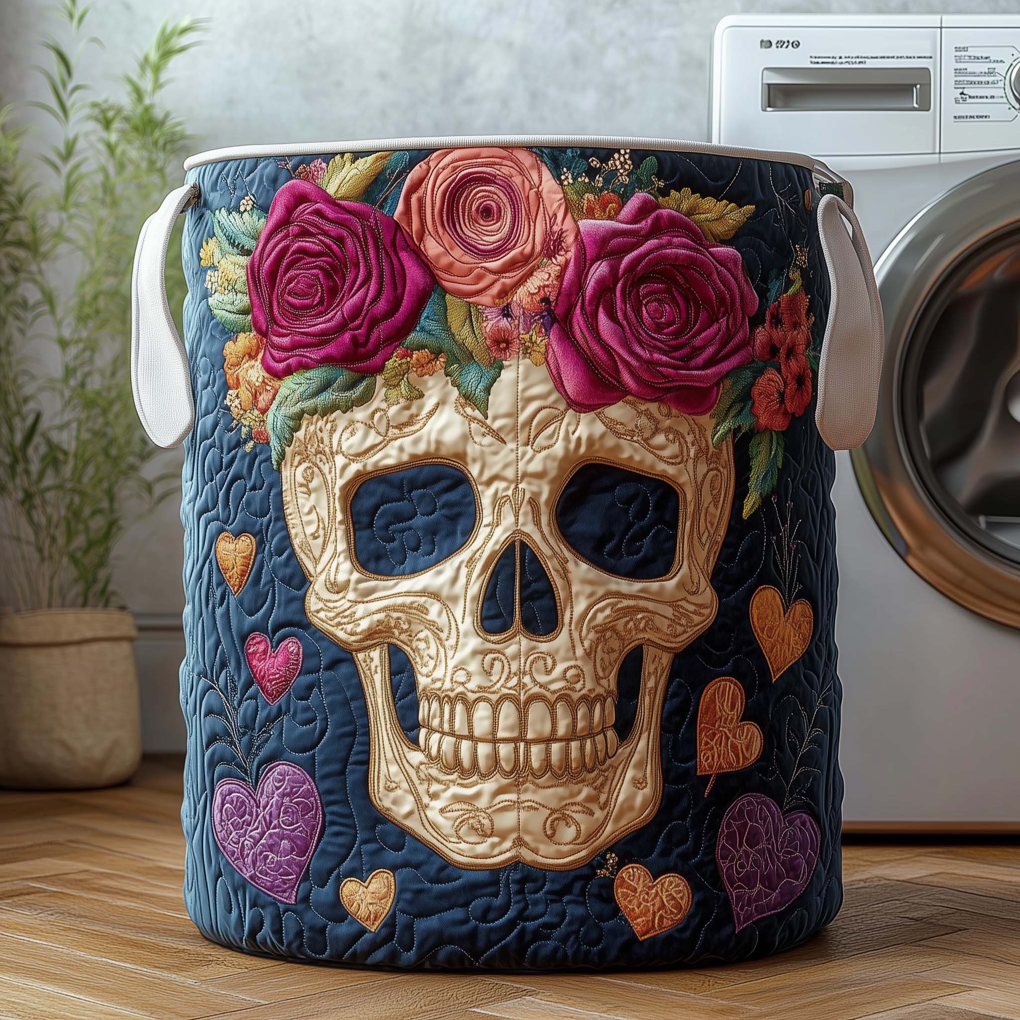 Floral Skull Quilted Laundry Basket Skull Floral Rose Laundry Hamper Home Decor Gifts