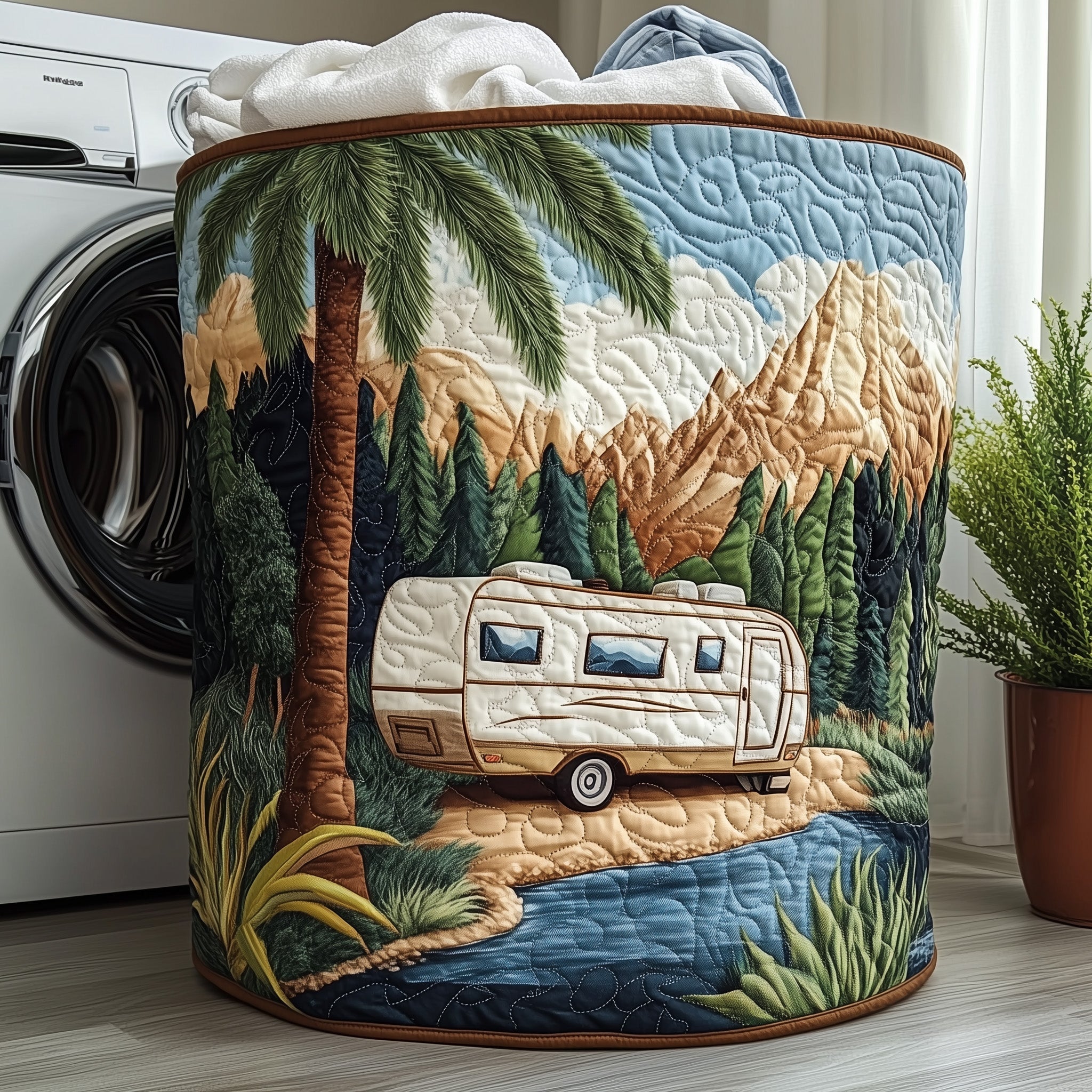 Mountain Camper Scene Quilted Laundry Basket Mountain Wildlife Clothes Hamper Room Gift For Her