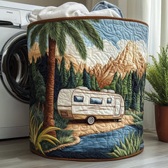 Mountain Camper Scene Quilted Laundry Basket Mountain Wildlife Clothes Hamper Room Gift For Her