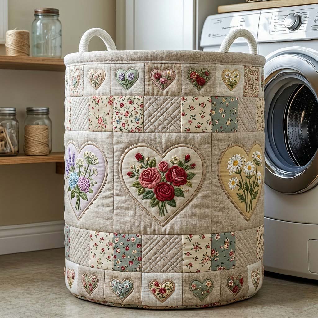 Patchwork Hearts Quilted Laundry Basket Floral Heart Laundry Bin Home Decor Gift