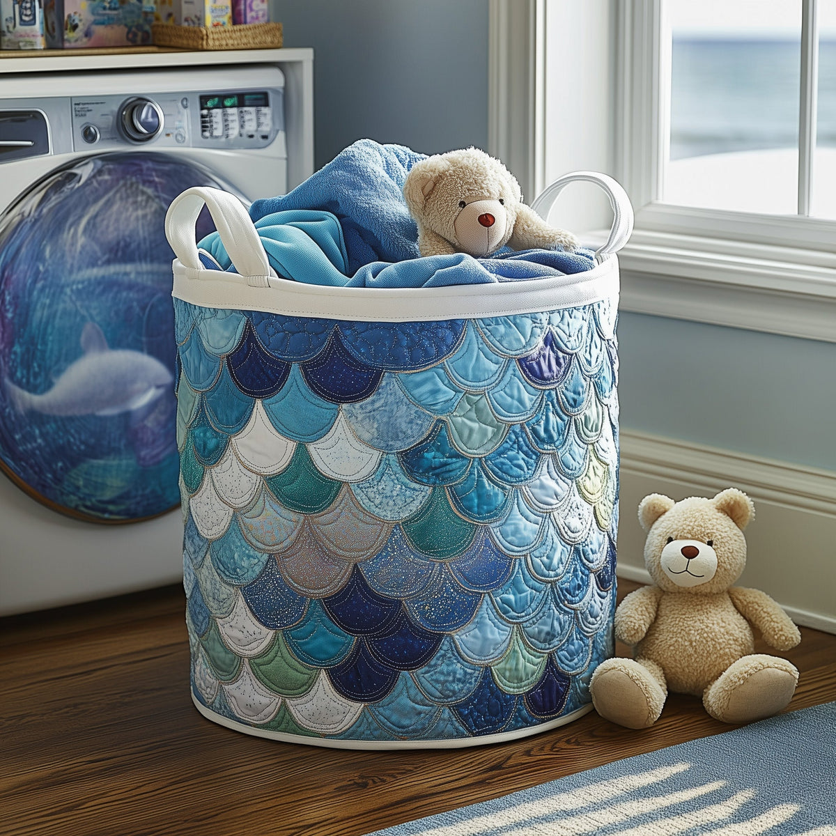 Ocean Scales Quilted Laundry Basket Mermaid Scales Clothes Hamper Best Home Decor Gifts For Mom
