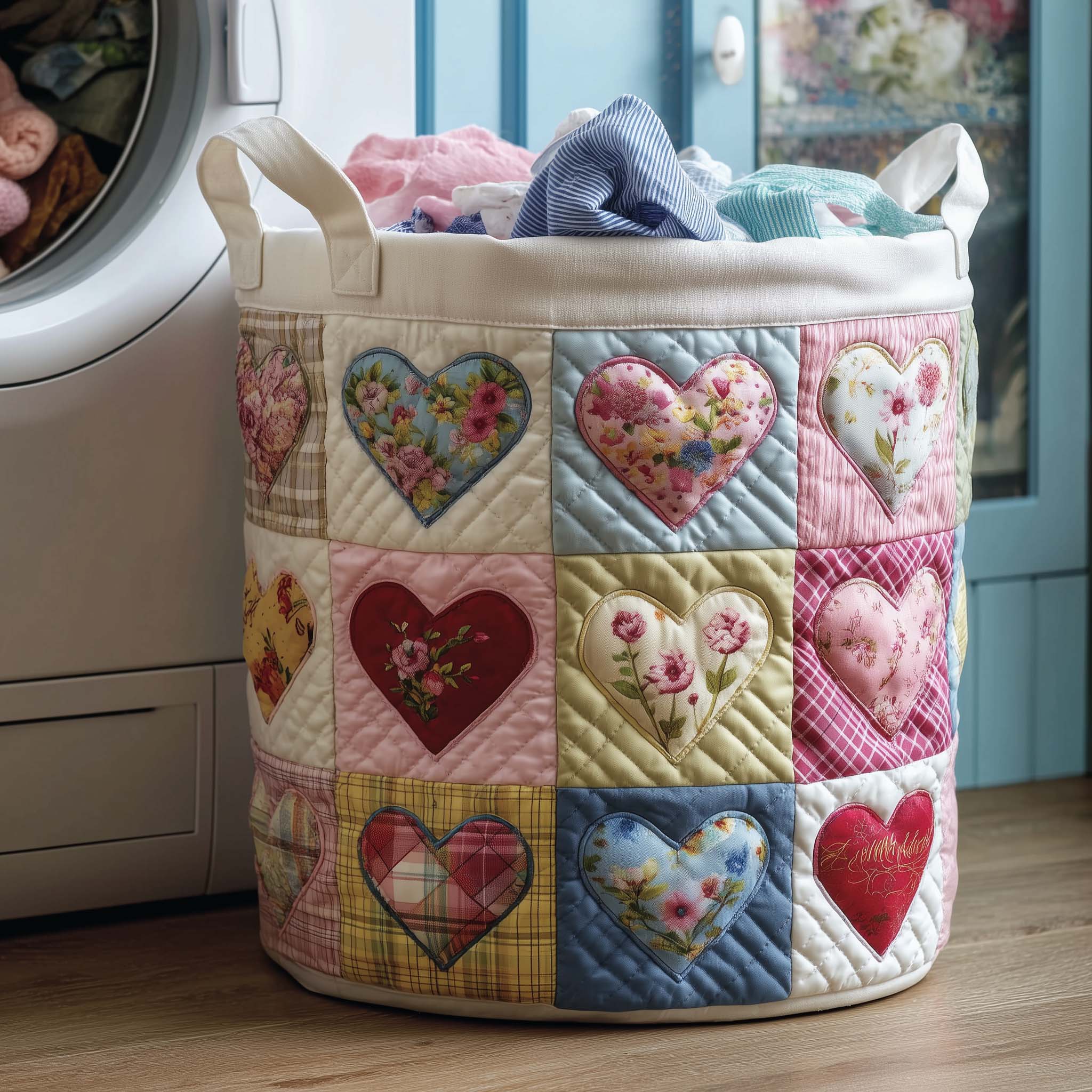 Patchwork Hearts Quilted Laundry Basket Floral Hearts Storage Basket Cute Room Decor Gifts