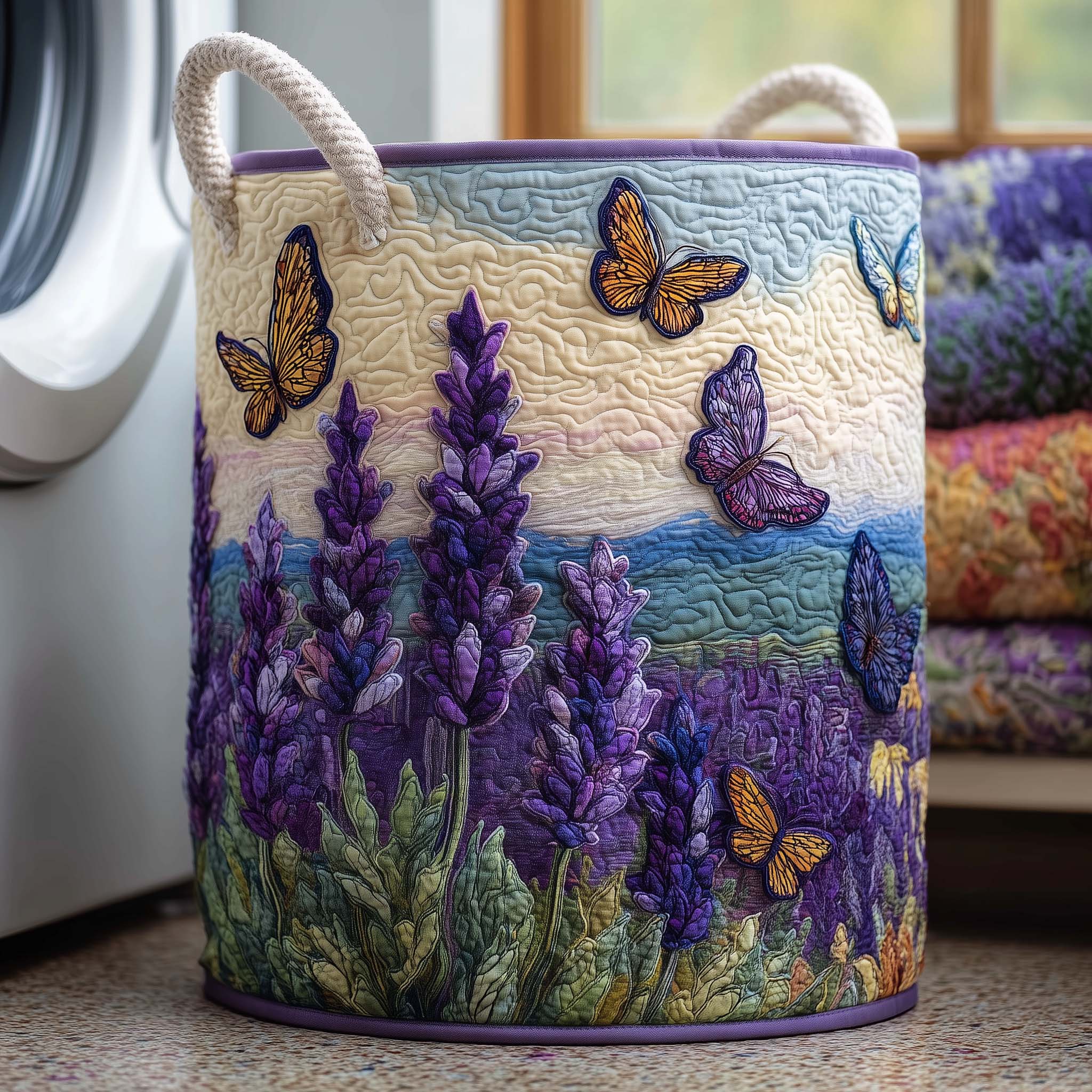 Lavender Butterfly Meadow Quilted Laundry Basket Floral Lavender Laundry Hamper Ideas Gift