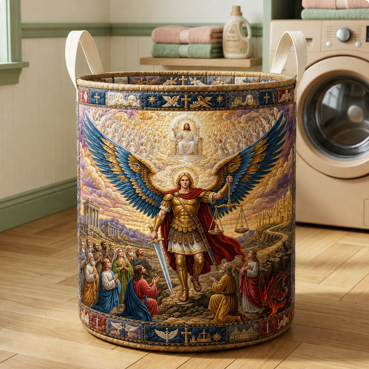 Heavenly Judgment Scene Quilted Laundry Basket Archangel Michael Clothes Hamper Best Decor Gift