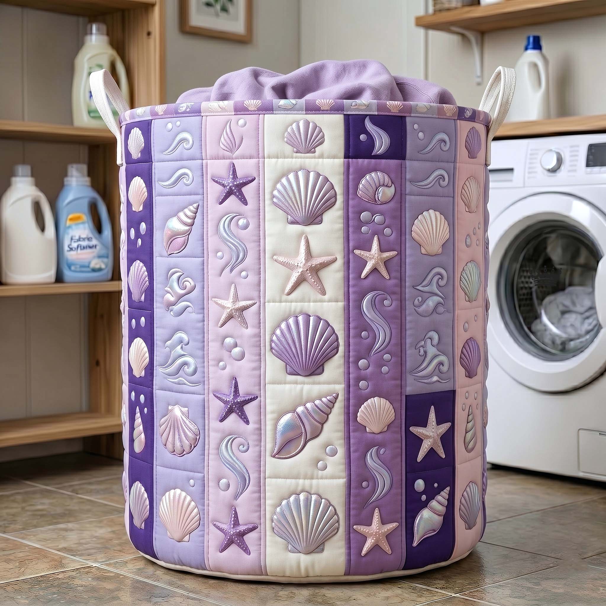 Nautical Ocean Quilted Laundry Basket Seashell Starfish Clothes Hamper Room Decor Finds