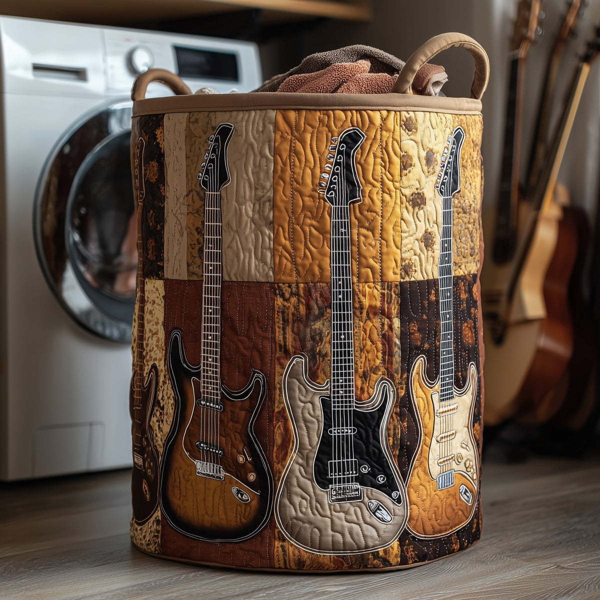 Guitar Patchwork Quilted Laundry Basket Guitar Symphony Lover Storage Basket Best Decor Gift