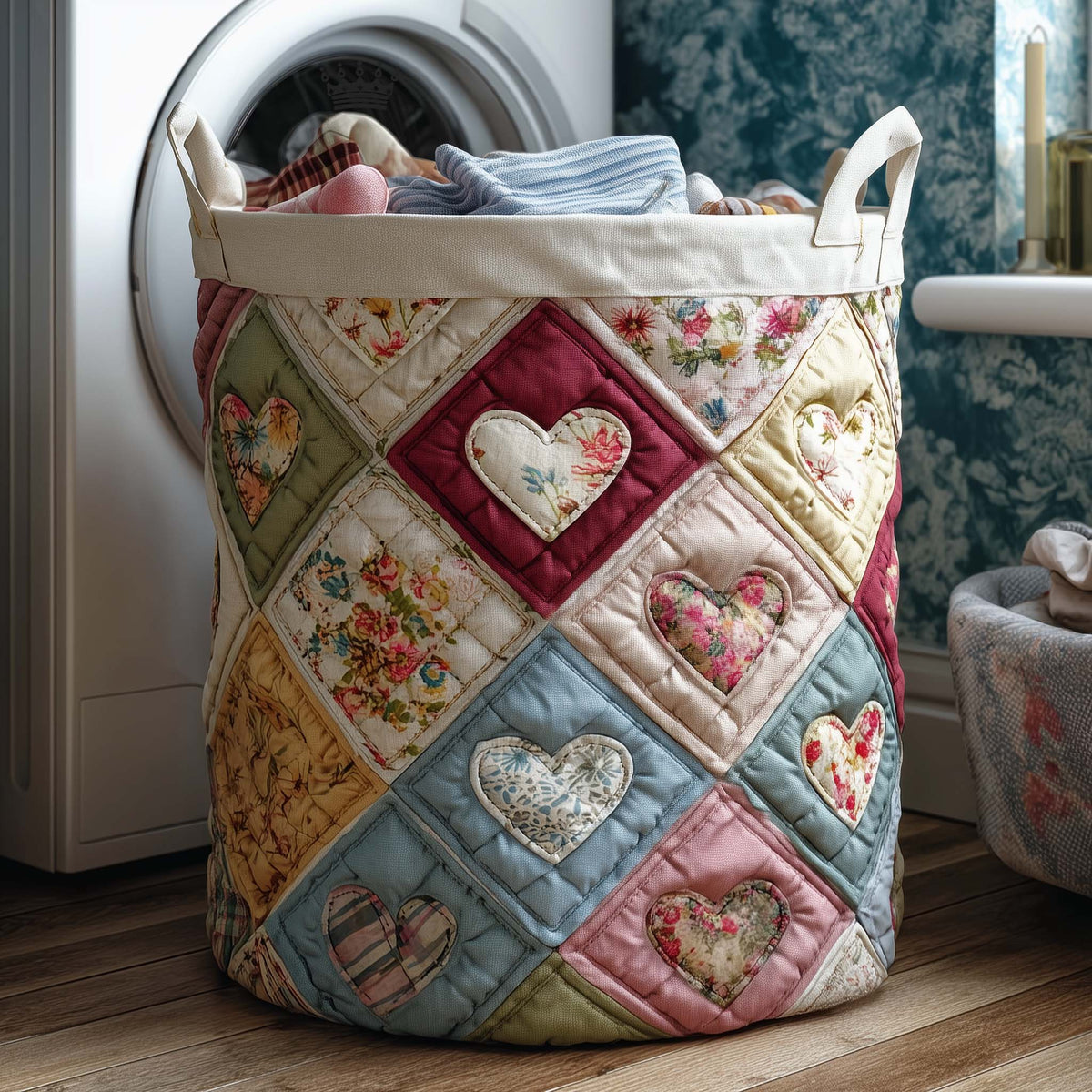 Patchwork Hearts Quilted Laundry Basket Floral Heart Hamper Room Gift For Her