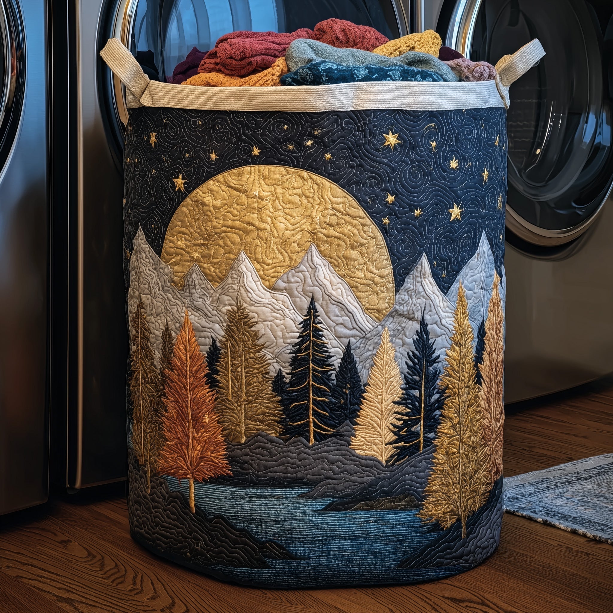 Moonlit Mountain Forest Quilted Laundry Basket Mountain Forest Scene Hamper Room Gift For Her