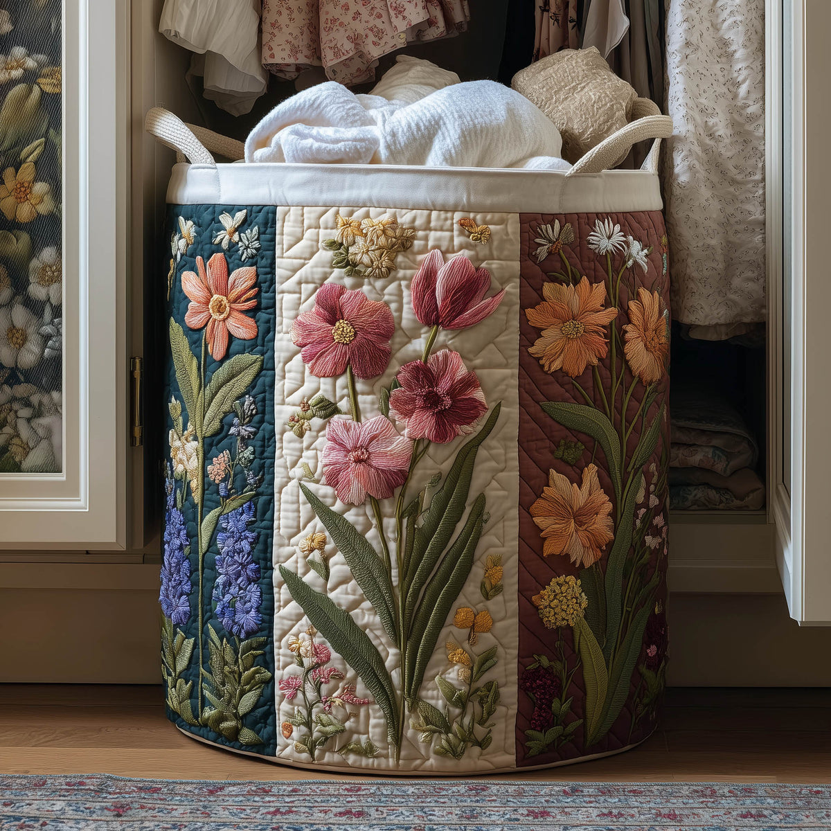 Floral Garden Quilted Laundry Basket Botanical Floral Hamper Present For Home Lovers