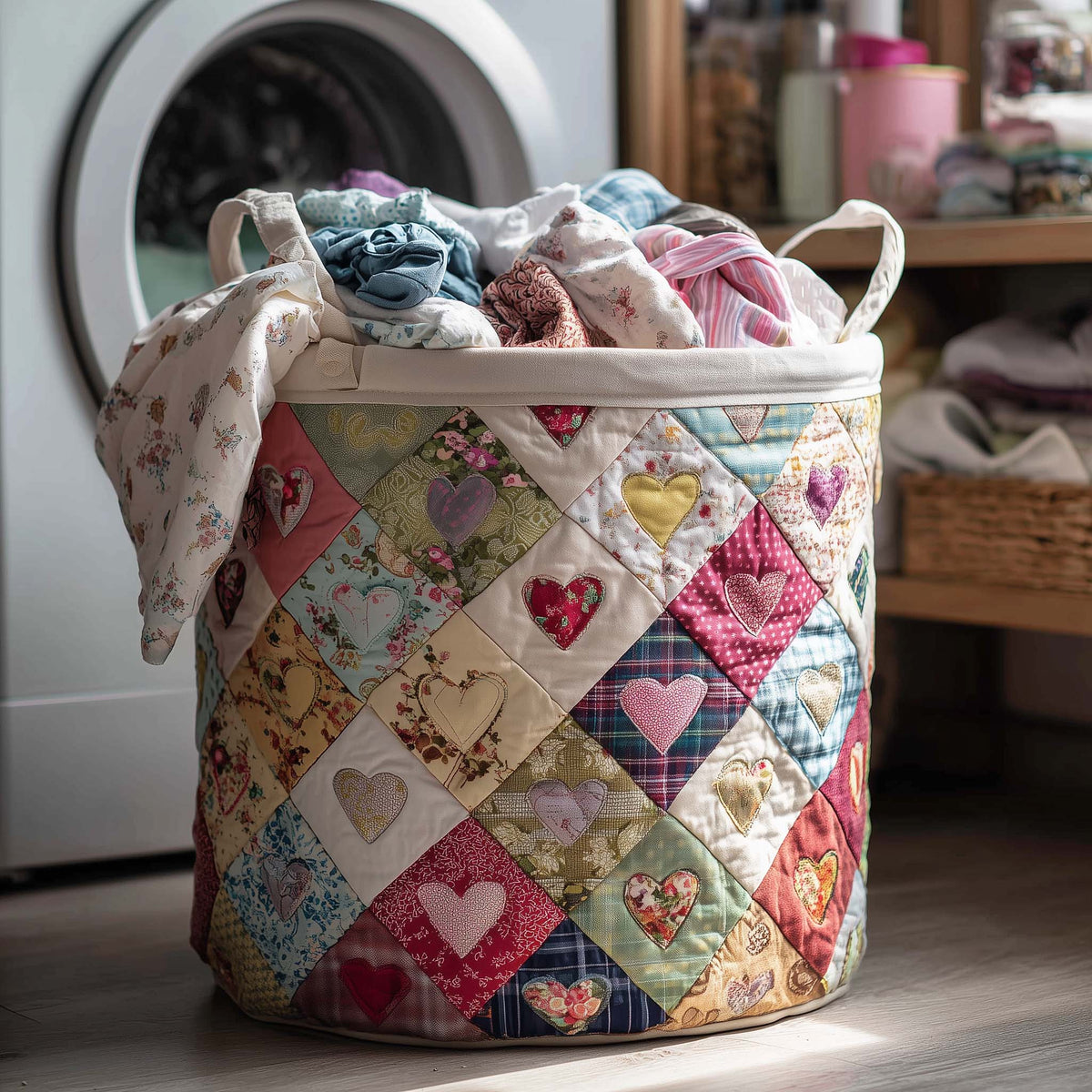 Patchwork Hearts Quilted Laundry Basket Floral Hearts Laundry Bin Cozy Home Decor