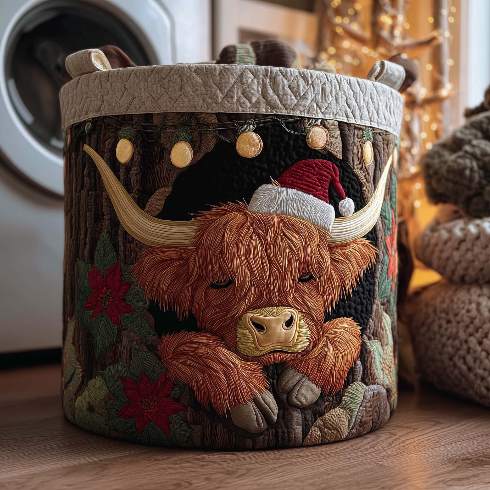 Highland Cow Christmas Quilted Laundry Basket Cow Christmas Clothes Hamper Room Lover Gift