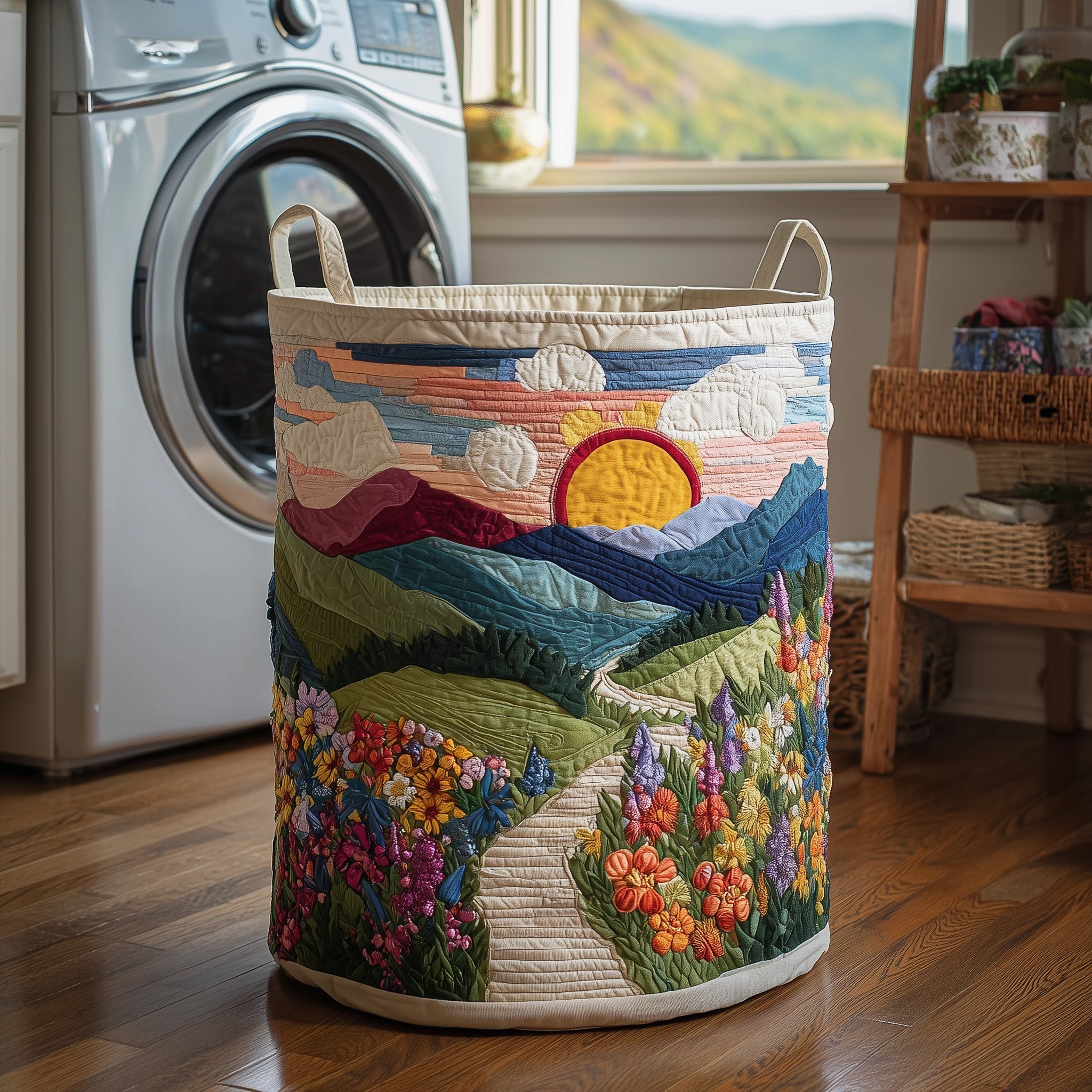 Mountain Sunrise Quilted Laundry Basket Floral Mountain Path Laundry Hamper House Gift