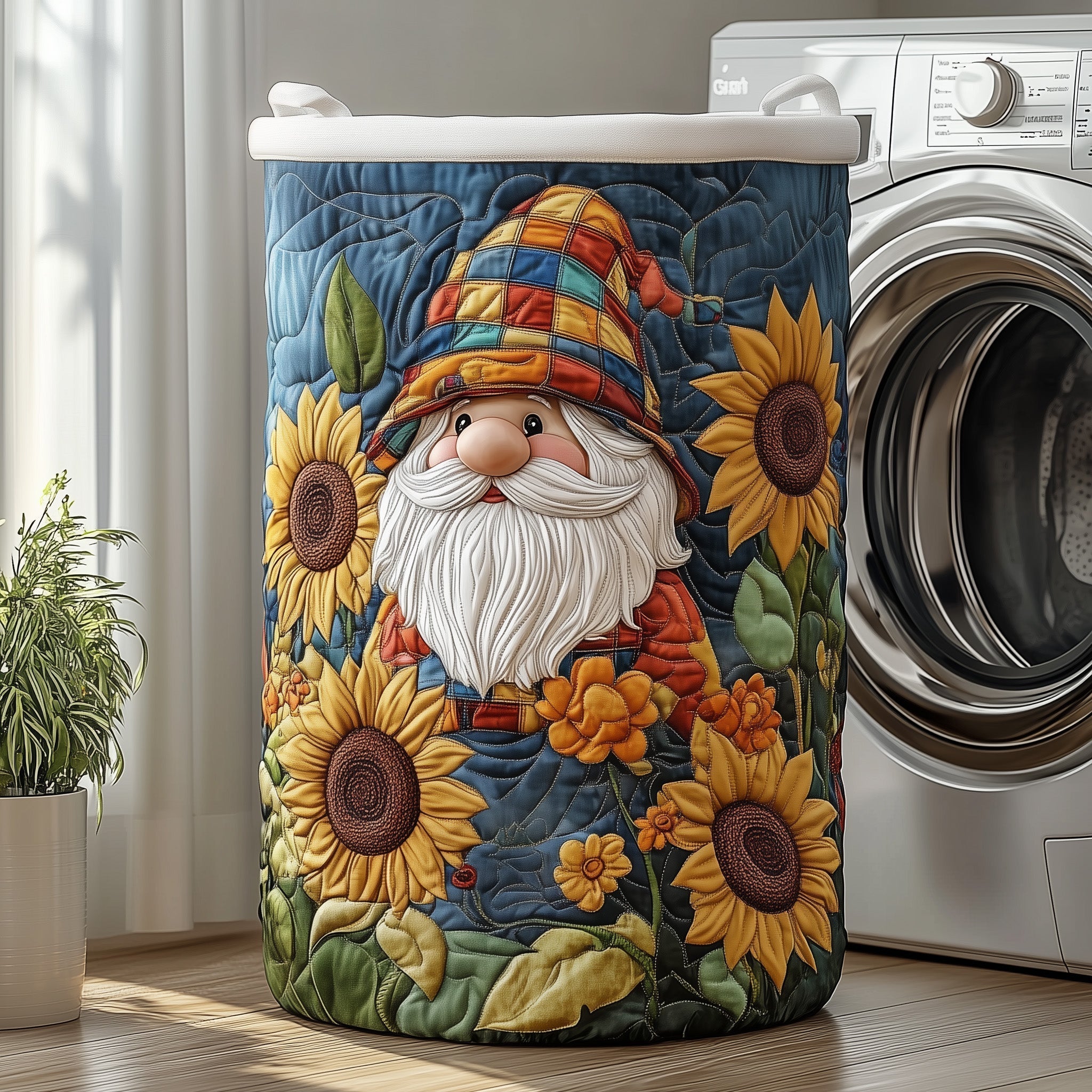 Sunflower Gnome Garden Quilted Laundry Basket Gnome Sunflower Clothes Hamper Cute Gift
