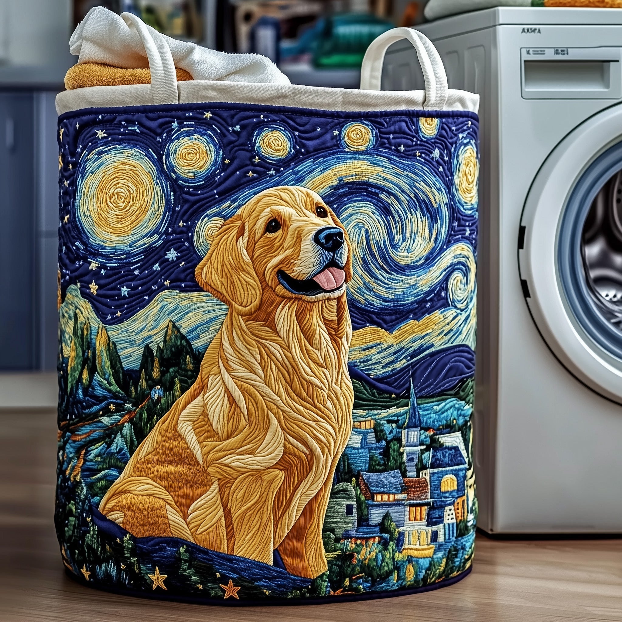 Starry Night Dog Quilted Laundry Basket Golden Retriever Lover Laundry Hamper Gift For New Home