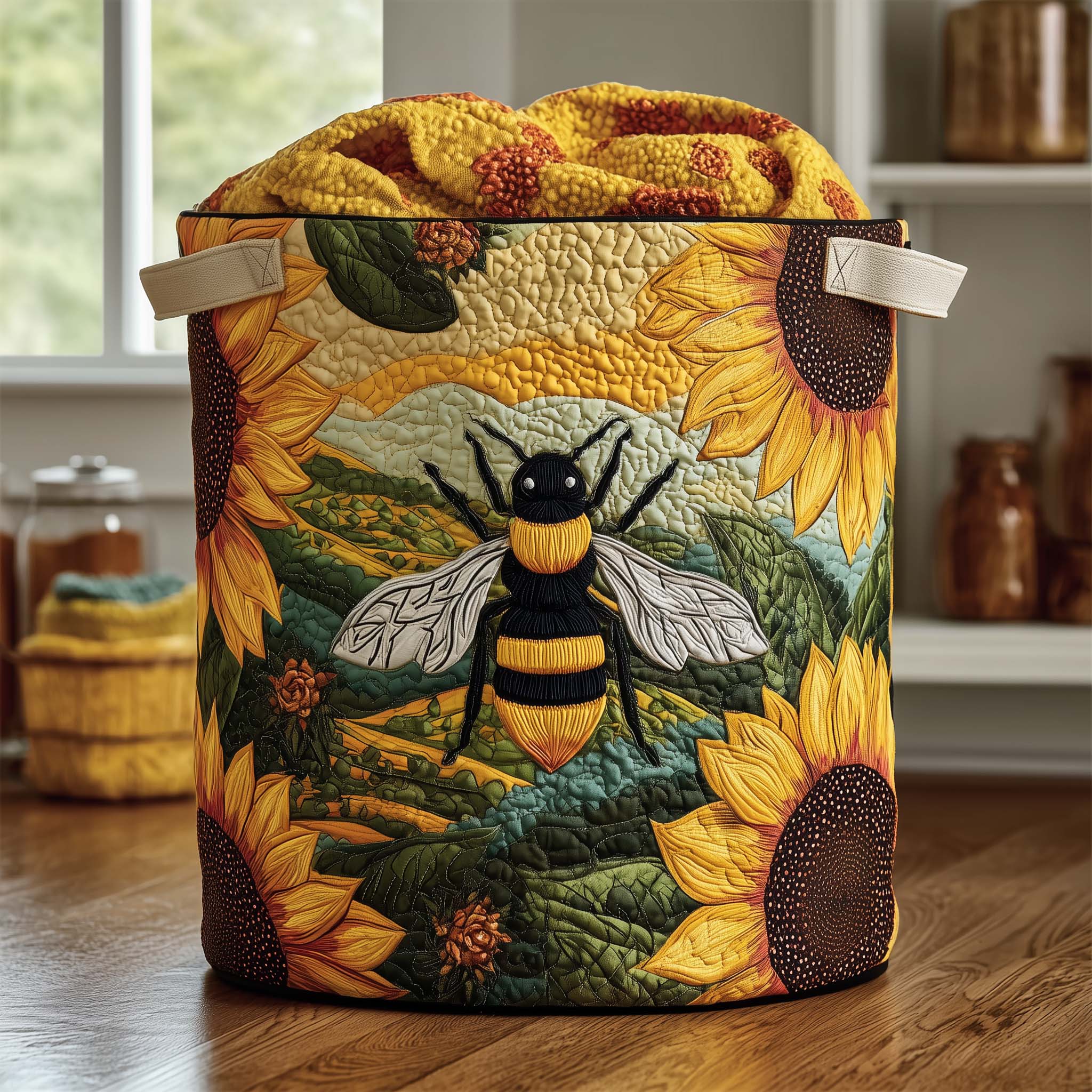 Sunflower Bee Quilted Laundry Basket Honeybee Sunflower Laundry Hamper Gift For Home Decor