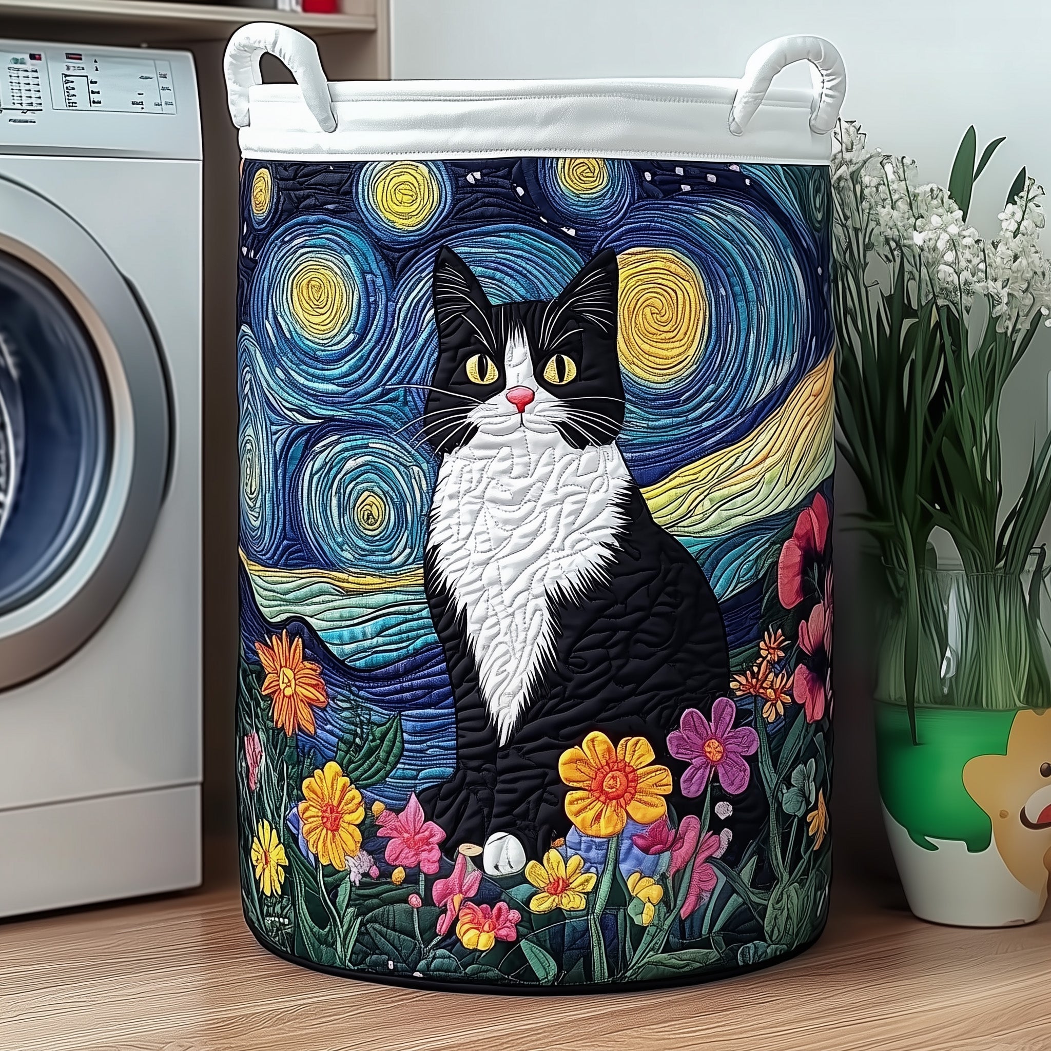 Starry Night Tuxedo Cat Quilted Laundry Basket Cat Lover Hamper Room Gift For Her