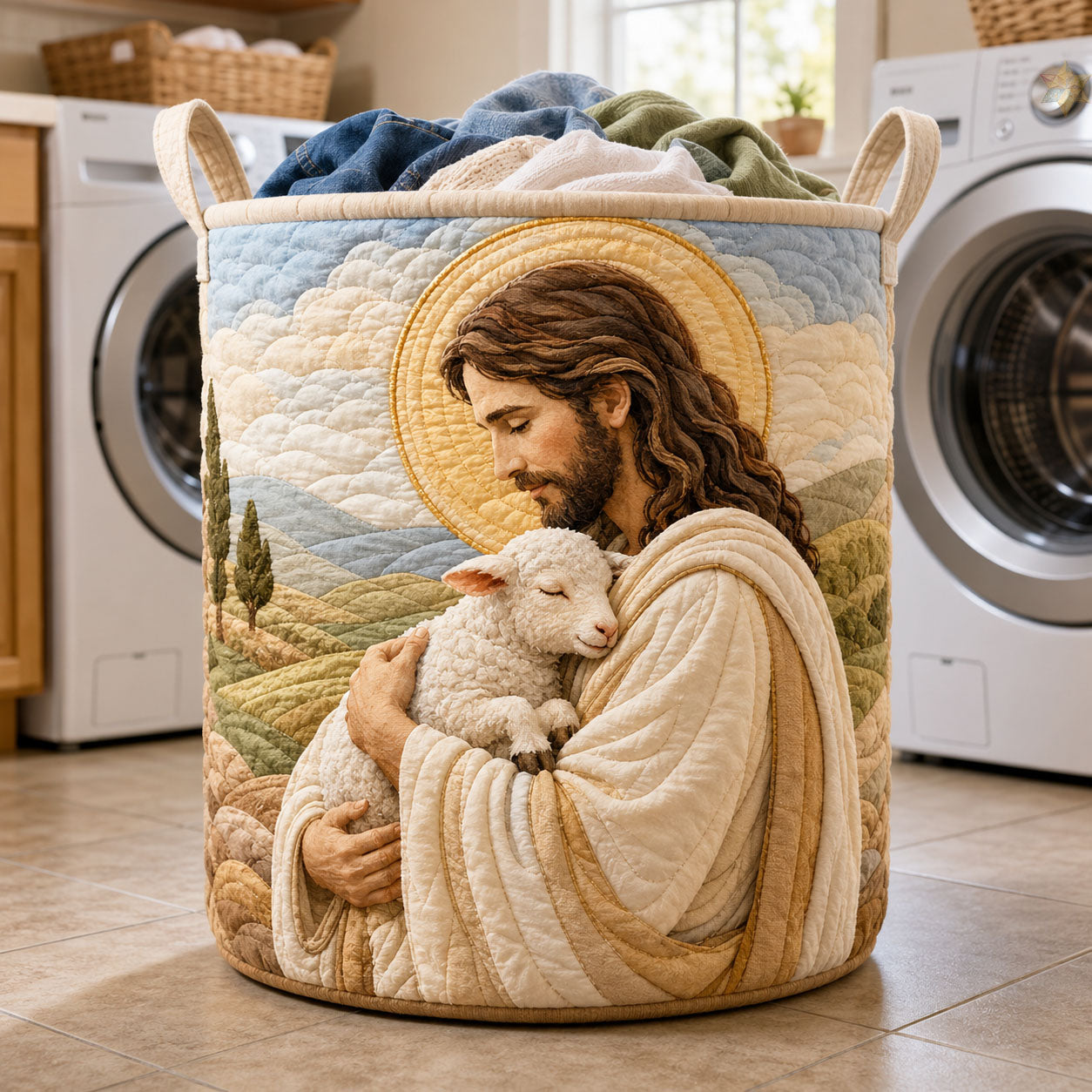 Shepherd_s Embrace Quilted Laundry Basket Jesus And Lamb Clothes Hamper Home Gifts For Sister