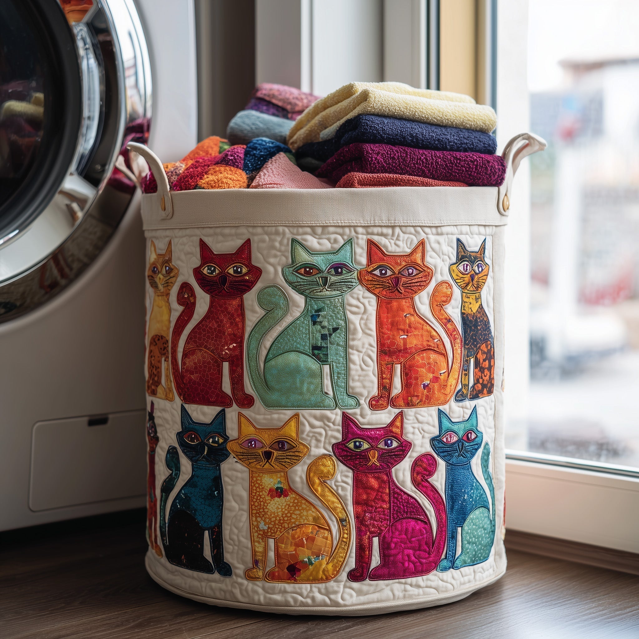 Whimsical Swirl Cats Quilted Laundry Basket Cat Lover Clothes Hamper Best Home Decor Gifts