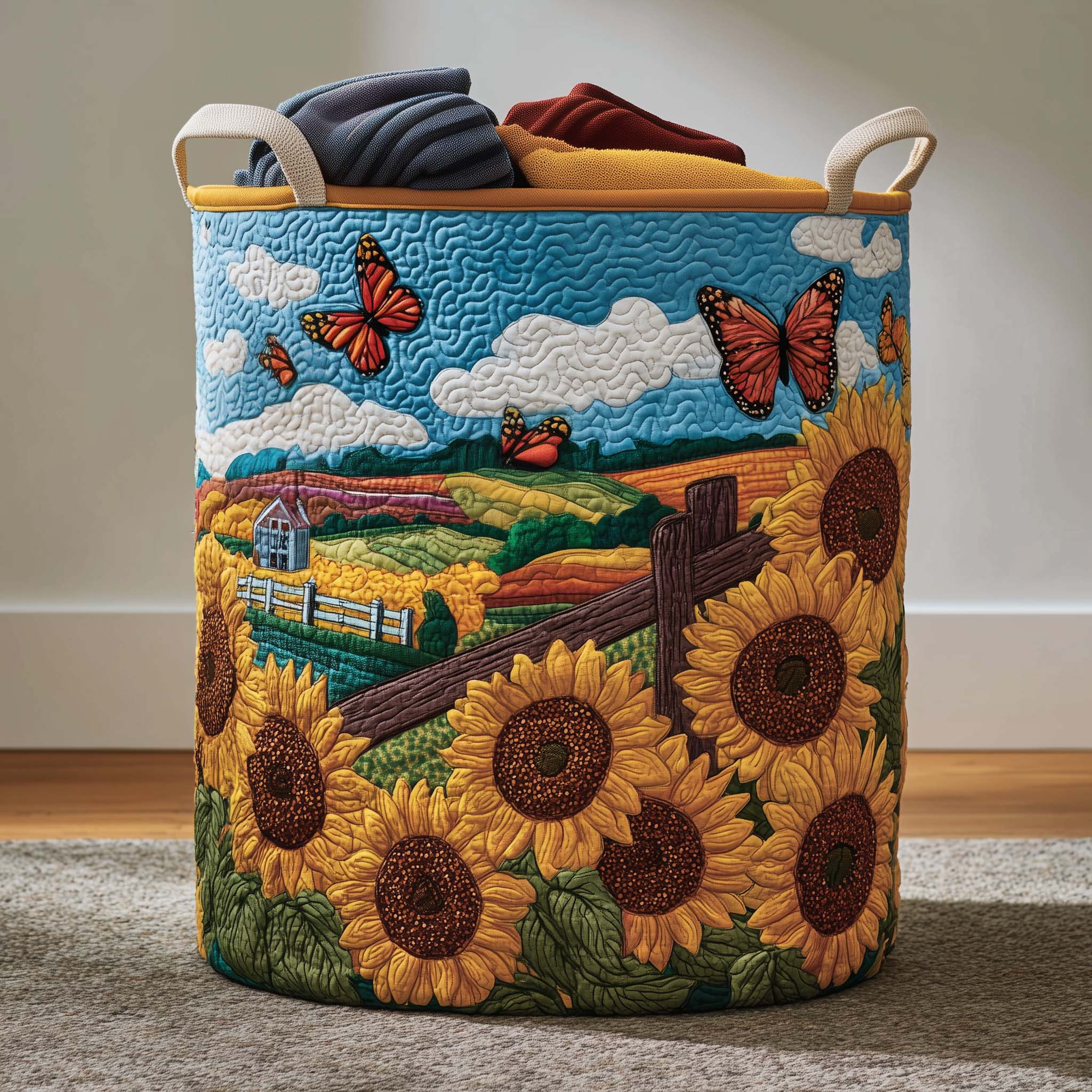 Sunflower Farmstead Quilted Laundry Basket Butterfly Sunflower Laundry Hamper Cozy Gift