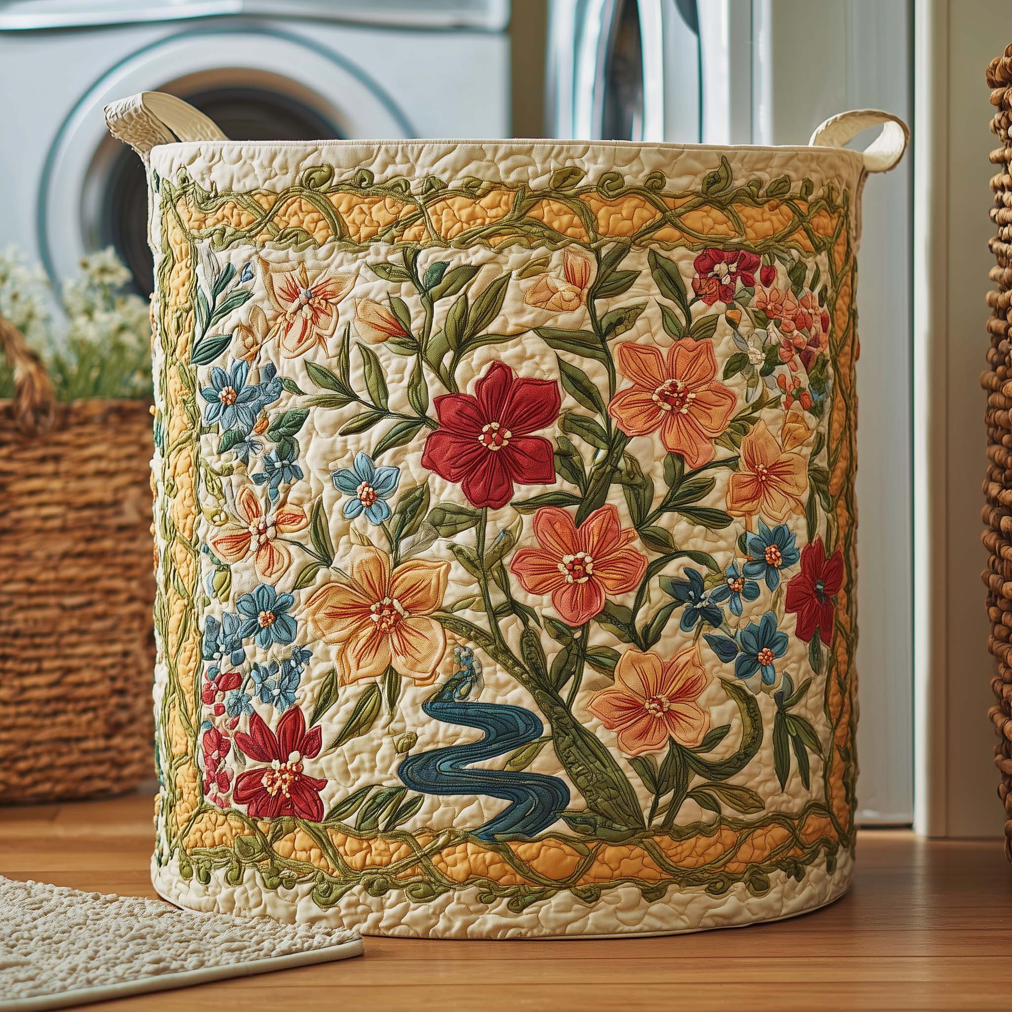 Wildflower Stream Quilted Laundry Basket Floral Garden Hamper Present For House Lovers