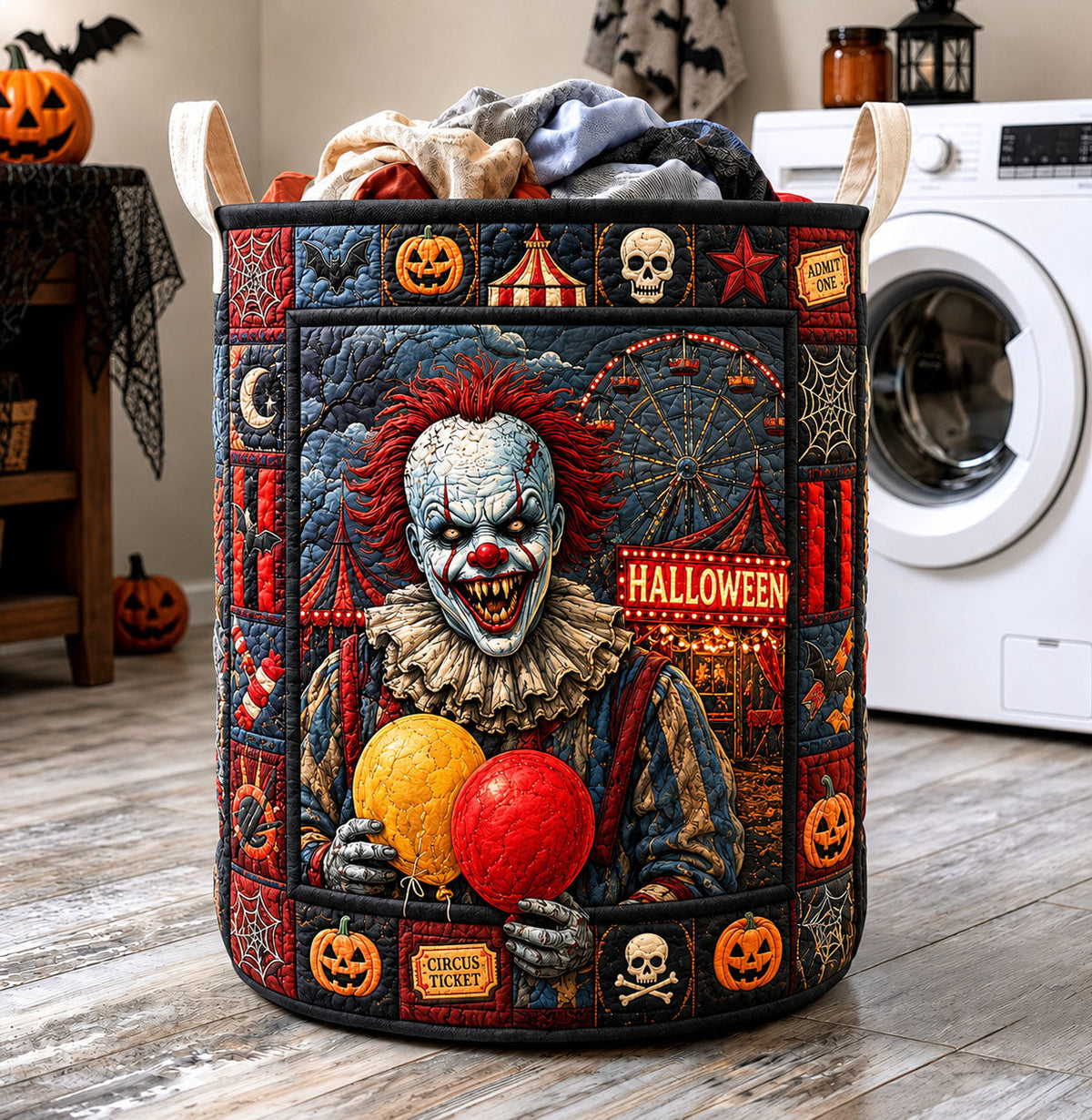 Scary Clown Carnival Quilted Laundry Basket Halloween Clown Storage Basket Gift For Room Decor