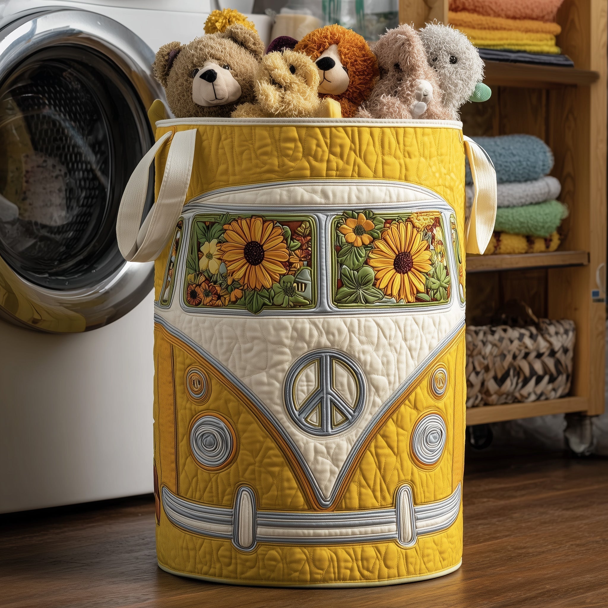Retro Camper Van Quilted Laundry Basket Peace Flower Van Hamper Present For Grandma Home Decor