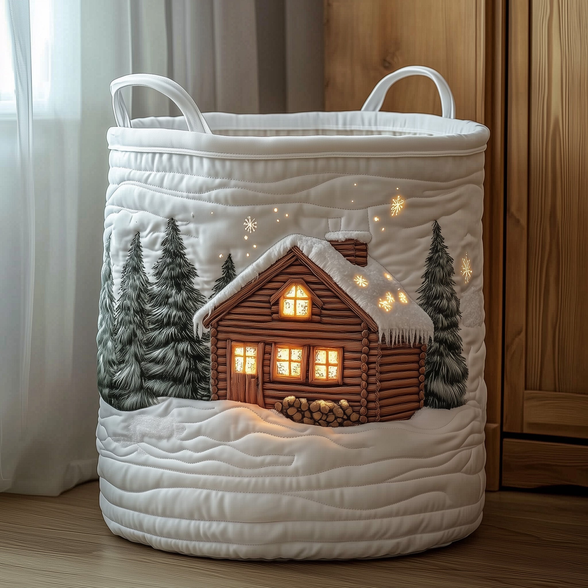 Winter Cabin Scene Quilted Laundry Basket Cabin In Snow Clothes Hamper Home Decor Gifts For Her