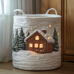 Winter Cabin Scene Quilted Laundry Basket Cabin In Snow Clothes Hamper Home Decor Gifts For Her