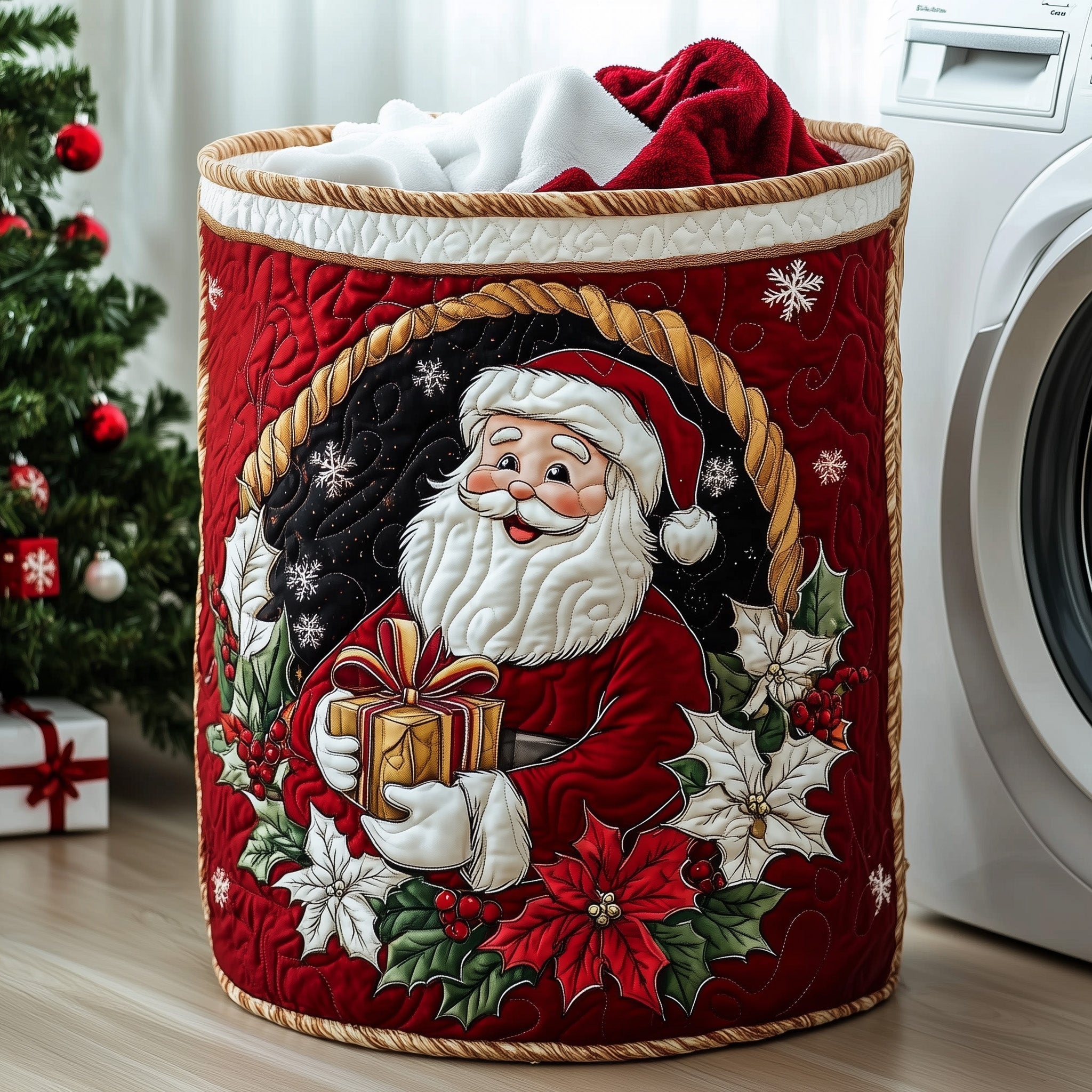 Santa_s Christmas Gift Box Quilted Laundry Basket Santa Claus Gift Laundry Hamper Room Gift