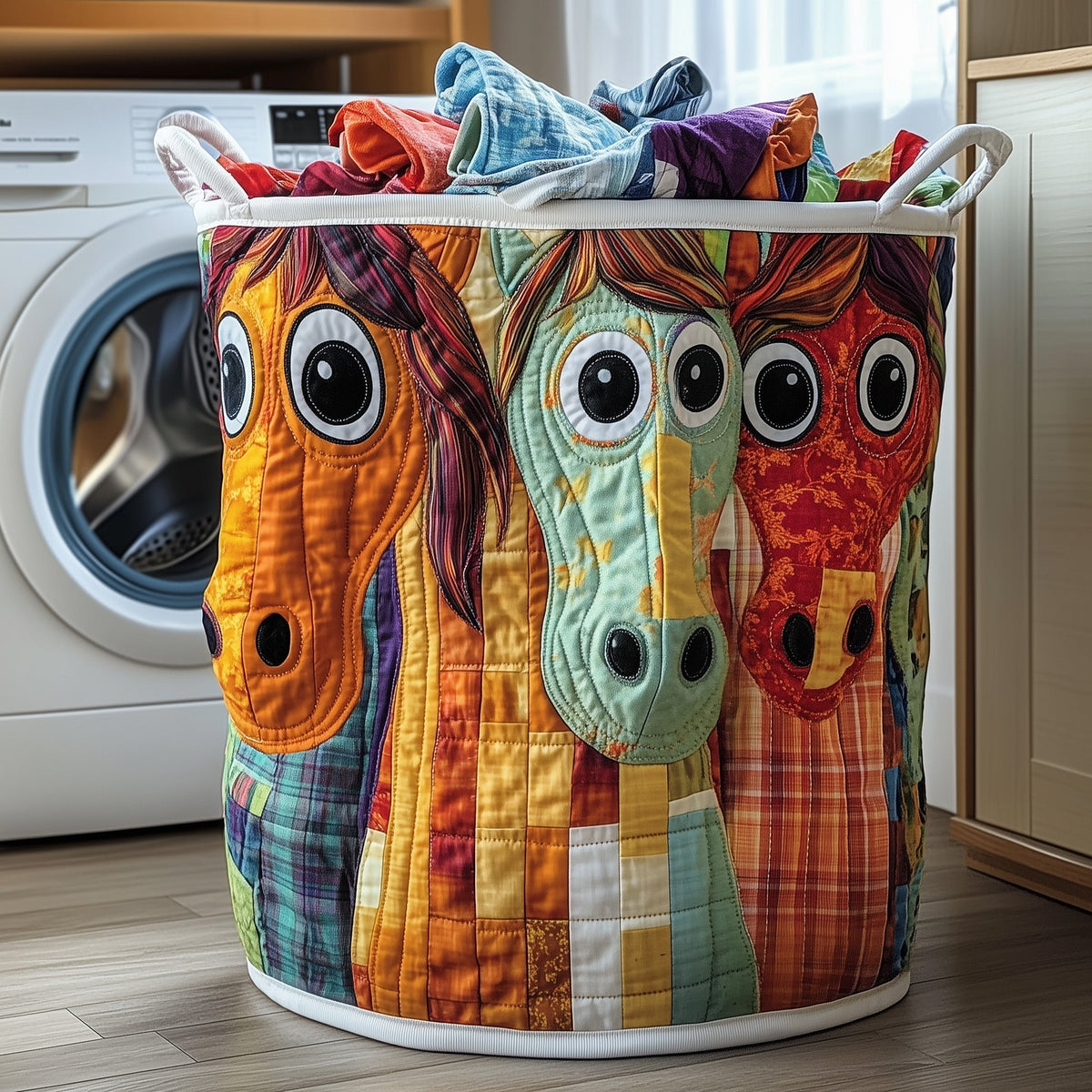 Quirky Horse Faces Quilted Laundry Basket Horse Lover Clothes Hamper Gift For Home Decorators