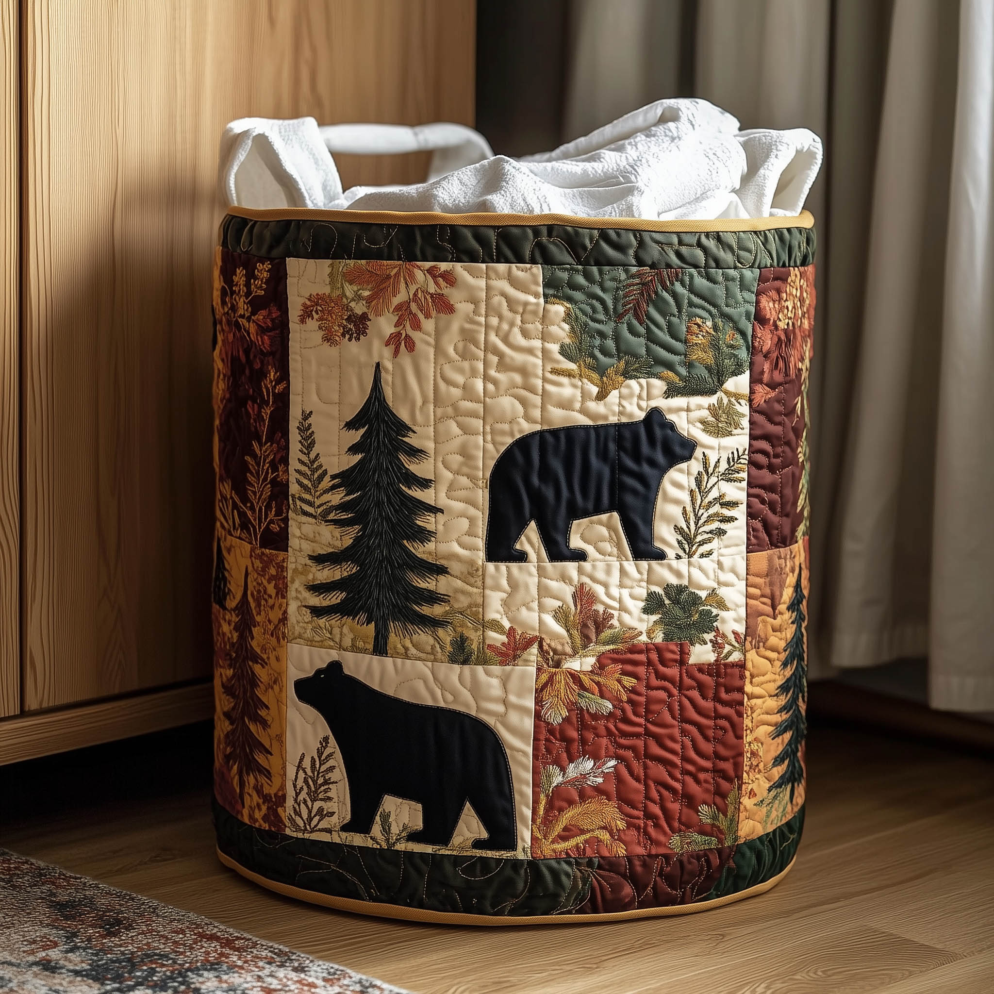 Woodland Bear Quilted Laundry Basket Bear Lover Clothes Hamper Room Gift
