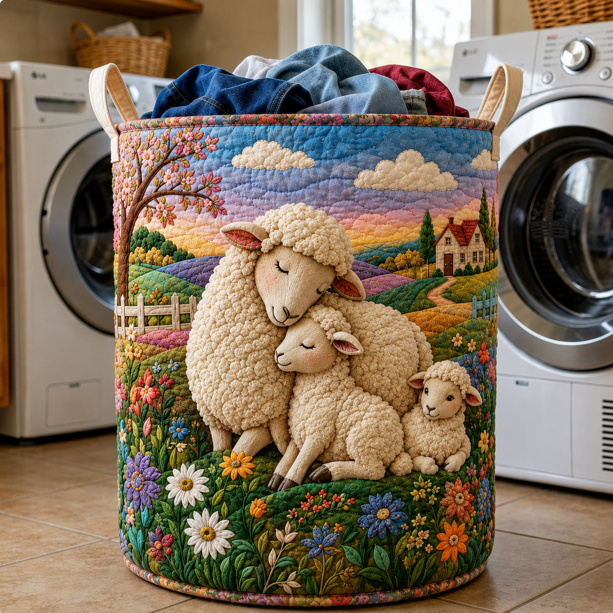 Sheep Heaven Quilted Laundry Basket Sheep Lover Clothes Hamper Present For New Home