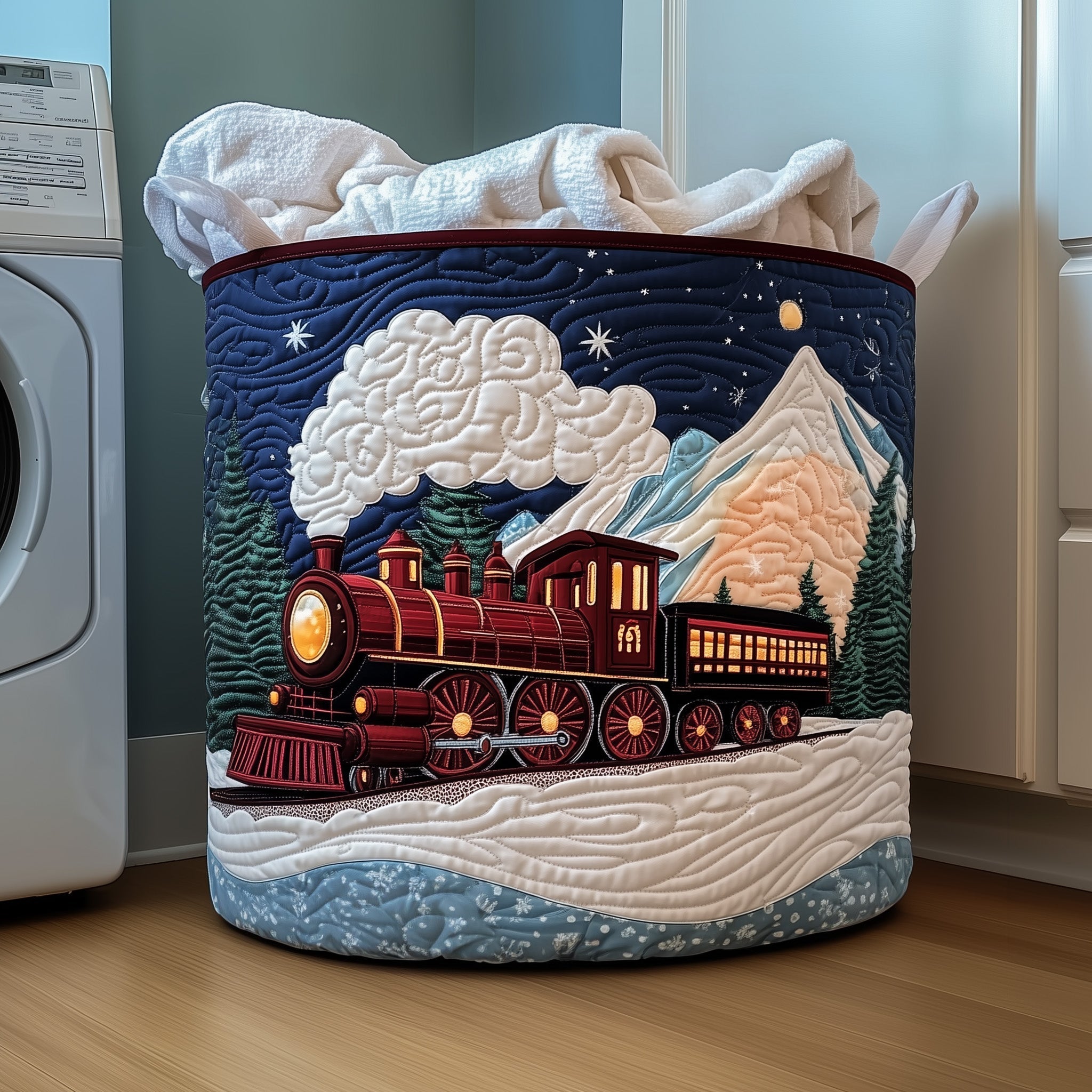 Winter Train Journey Quilted Laundry Basket Train Winter Scene Hamper Unique Room Decor Gifts