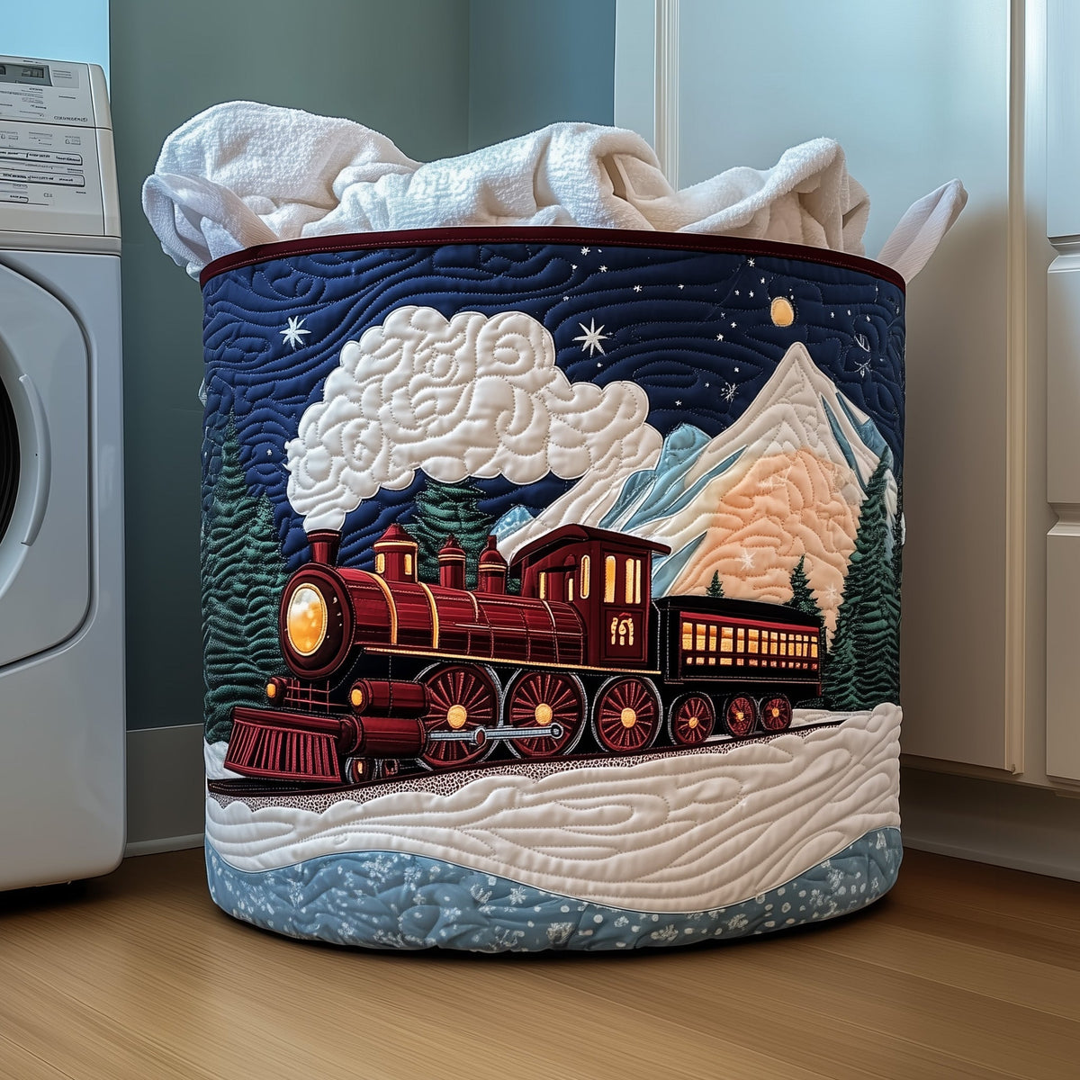 Winter Train Journey Quilted Laundry Basket Train Winter Scene Hamper Unique Room Decor Gifts