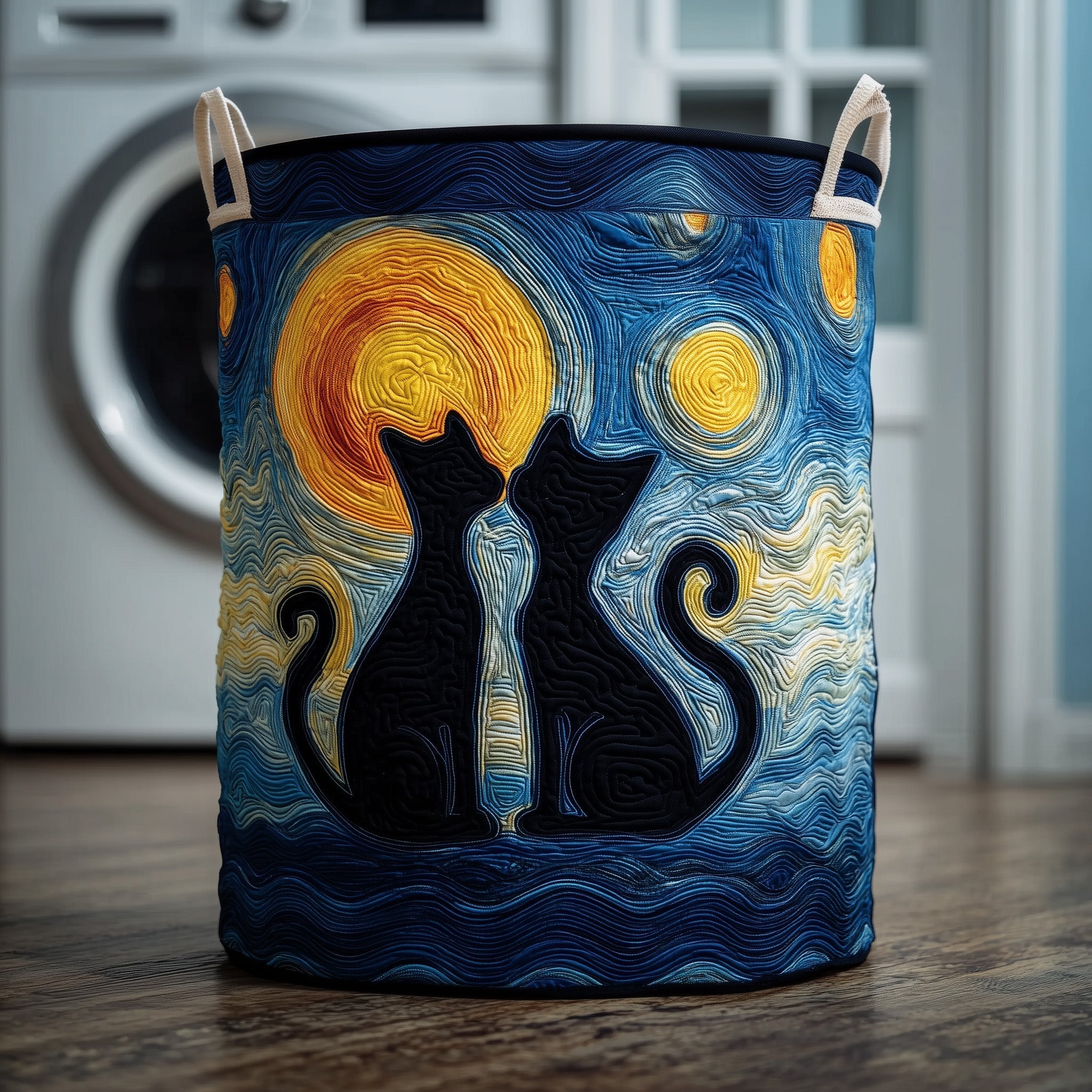 Starry Night Cats Quilted Laundry Basket Cat Lover Clothes Hamper Present For Home Lovers