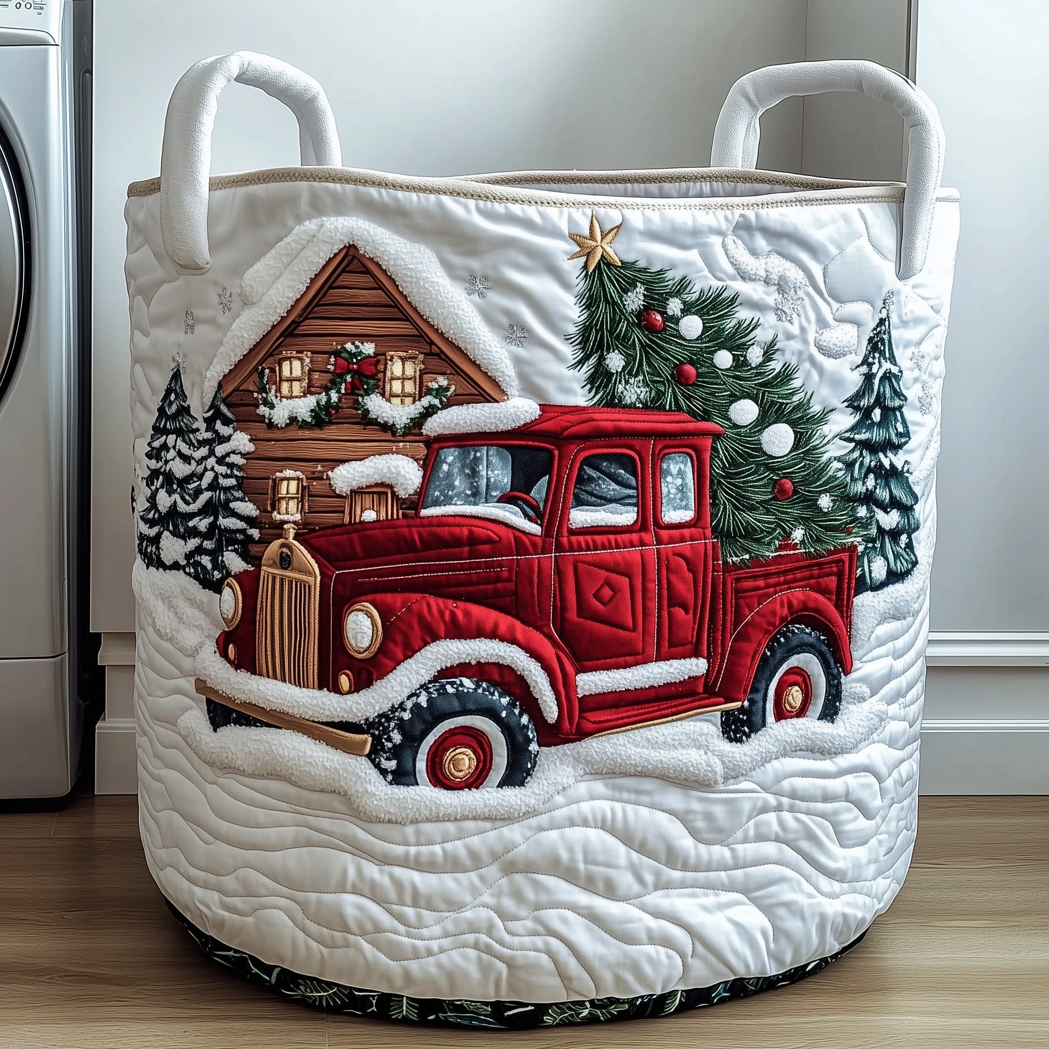 Winter Christmas Scene Quilted Laundry Basket Red Truck Christmas Clothes Hamper Cozy Gift