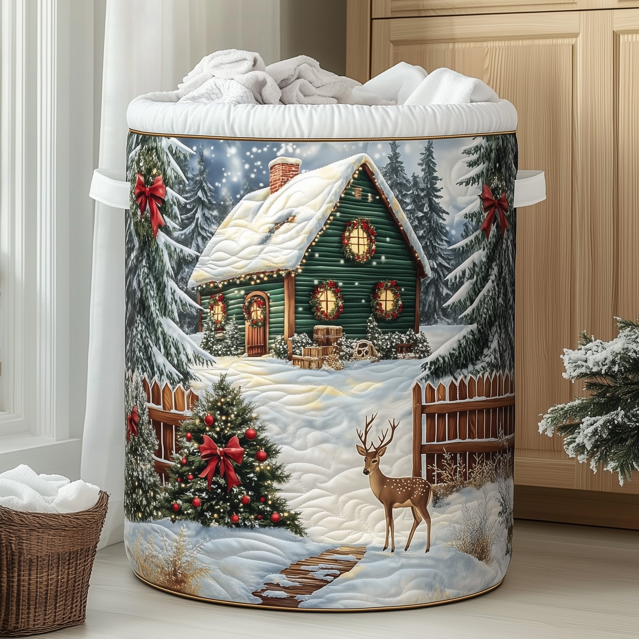 Winter Cabin Scene Quilted Laundry Basket Deer Christmas Hamper Unique Home Gifts For Sister