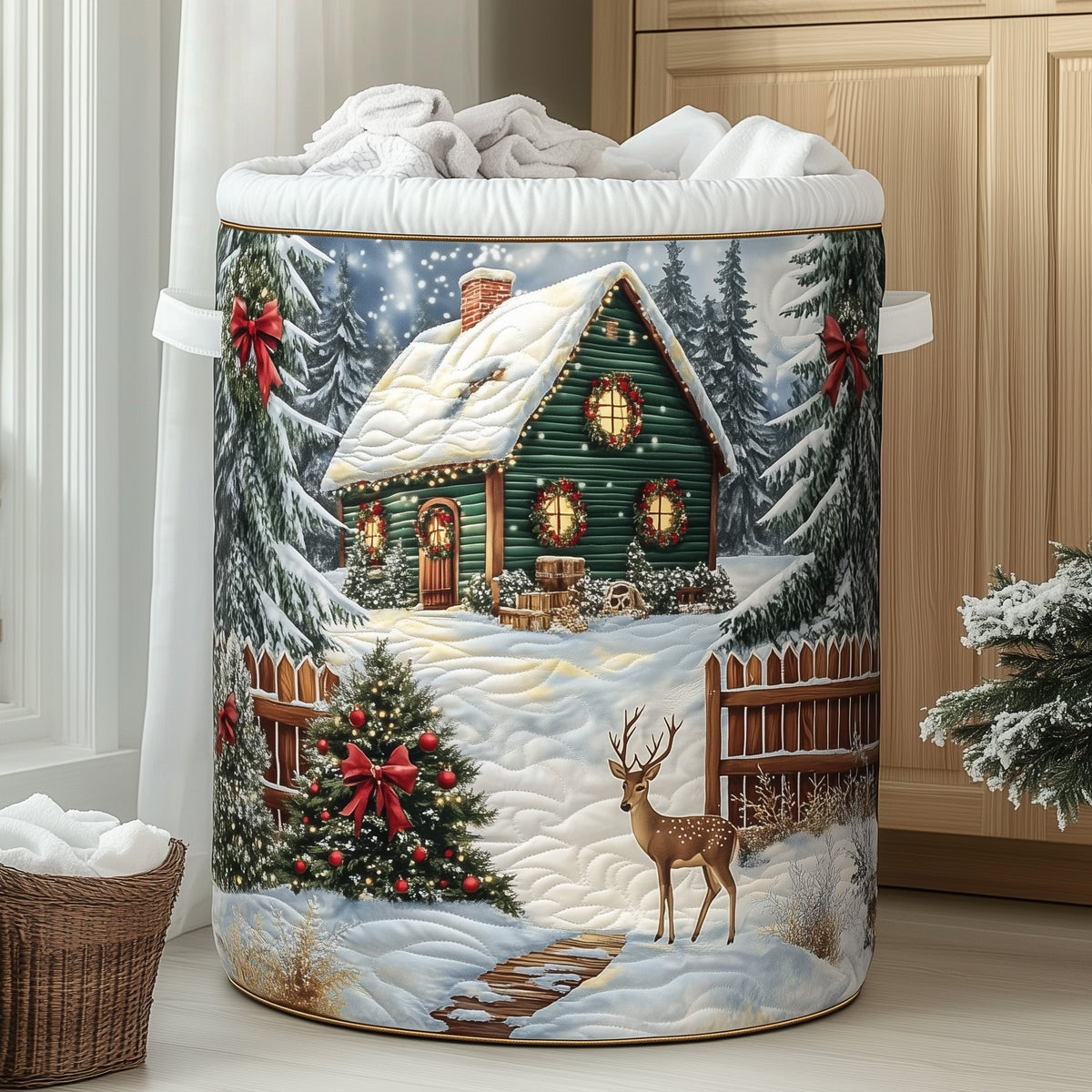 Winter Cabin Scene Quilted Laundry Basket Deer Christmas Hamper Unique Home Gifts For Sister