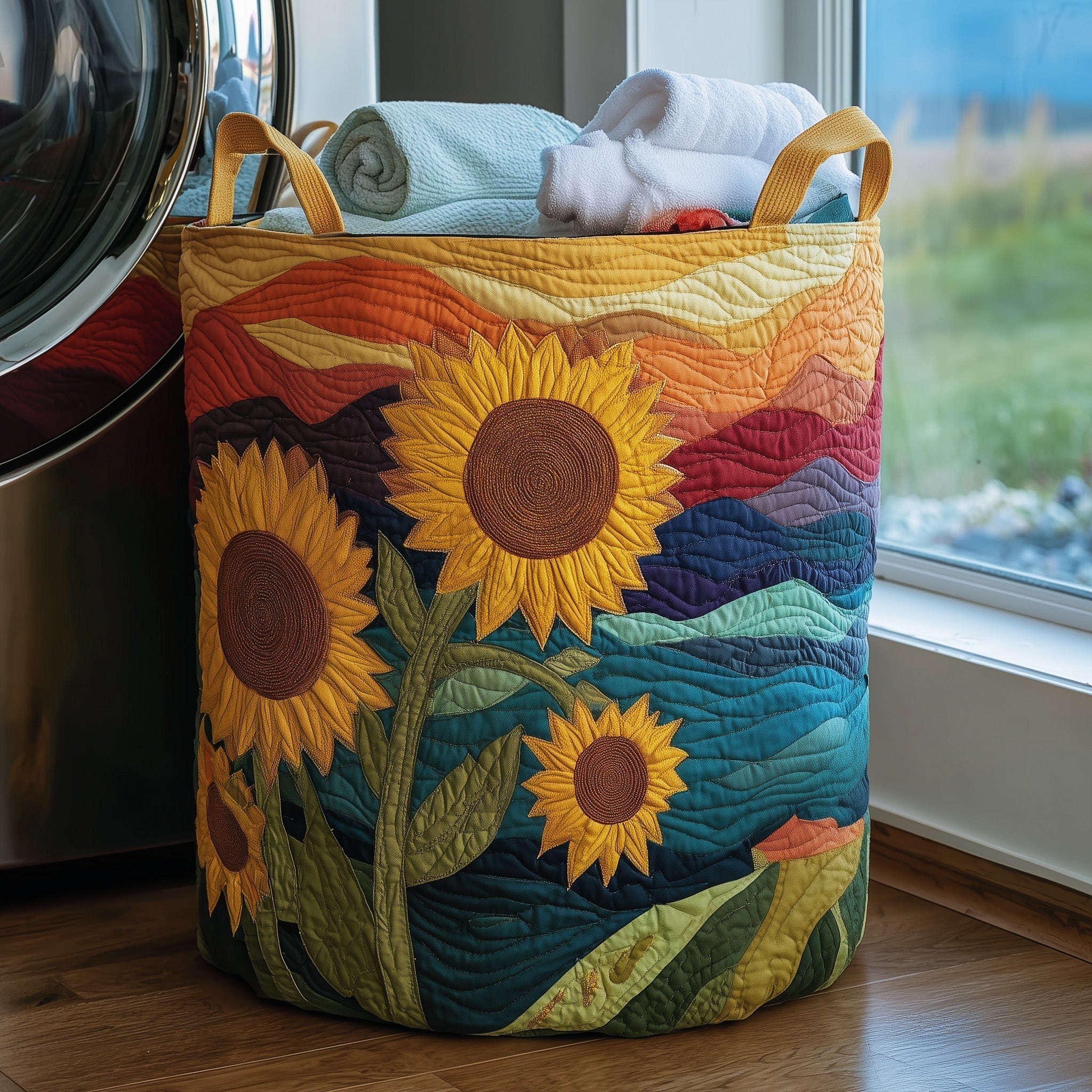 Sunflower Sunset Quilted Laundry Basket Sunflower Lands Storage Basket Unique Gift