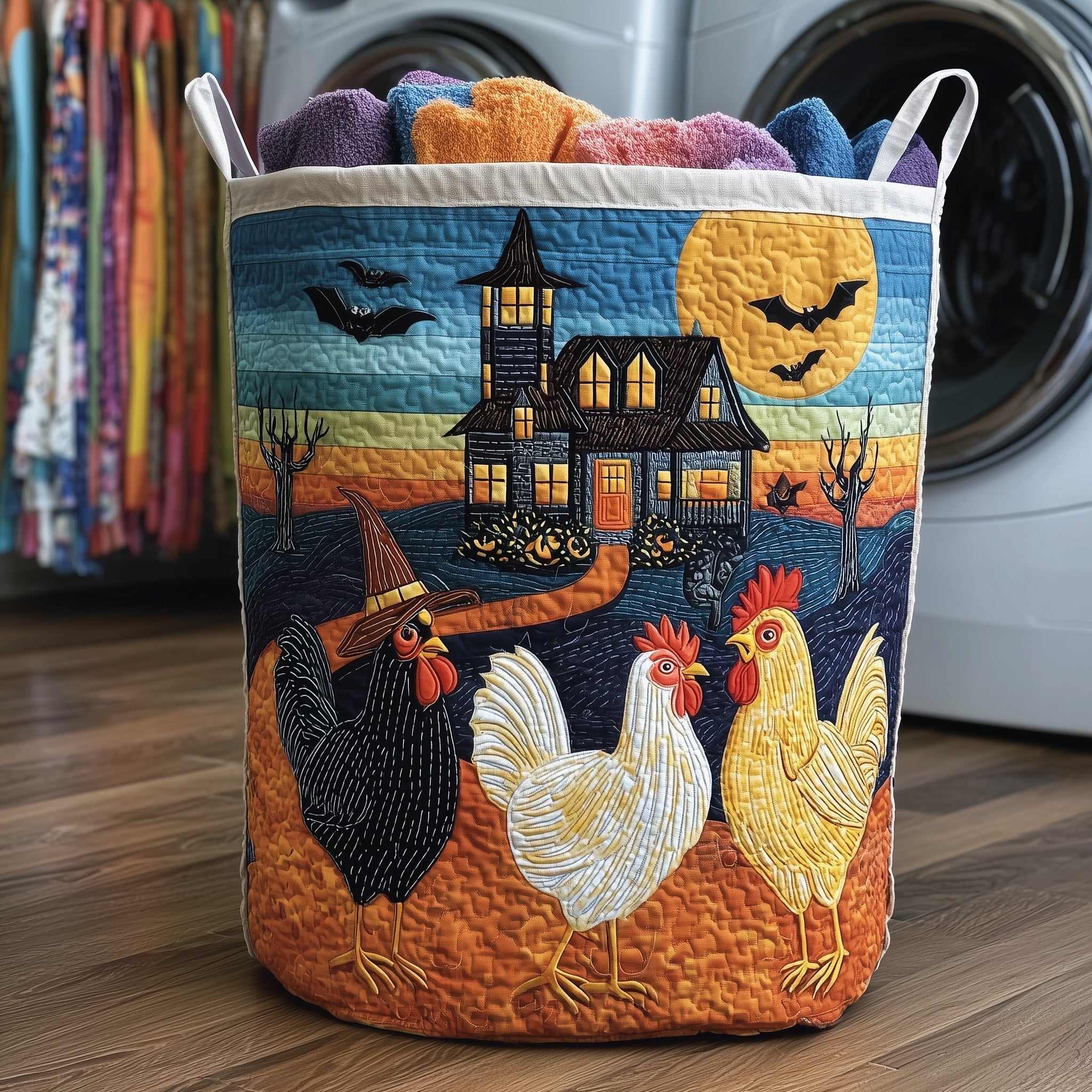 Spooky Farmstead Quilted Laundry Basket Halloween Chickens Storage Basket Home Decor Ideas