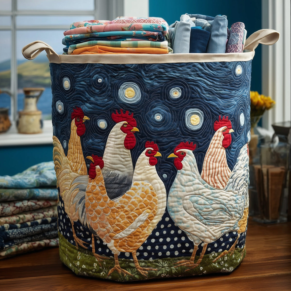 Starry Night Roosters Quilted Laundry Basket Rooster Lover Hamper Unique Room Decor Gifts