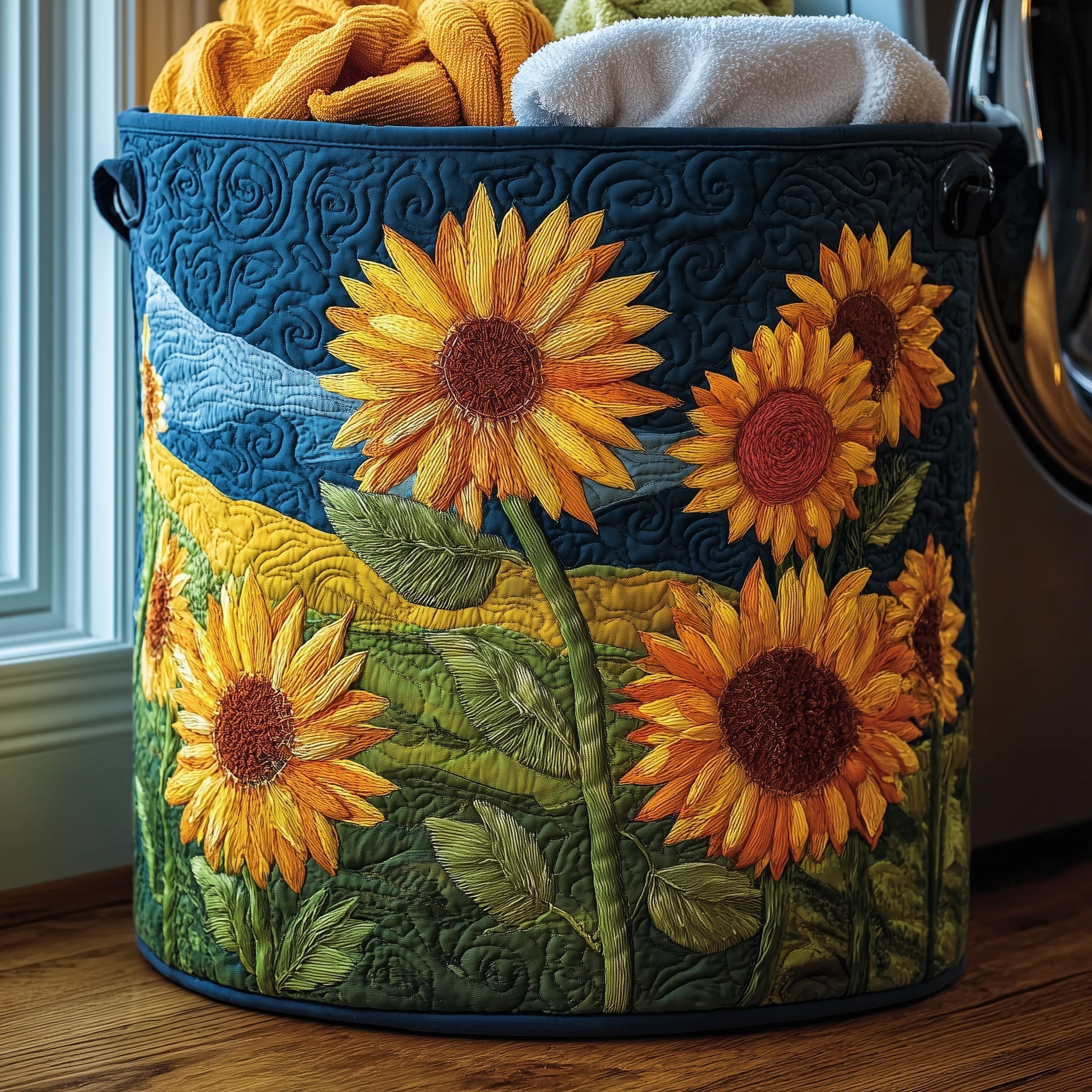 Sunflower Field Quilted Laundry Basket Sunflower Patchwork Hamper Home Gifts For Sister