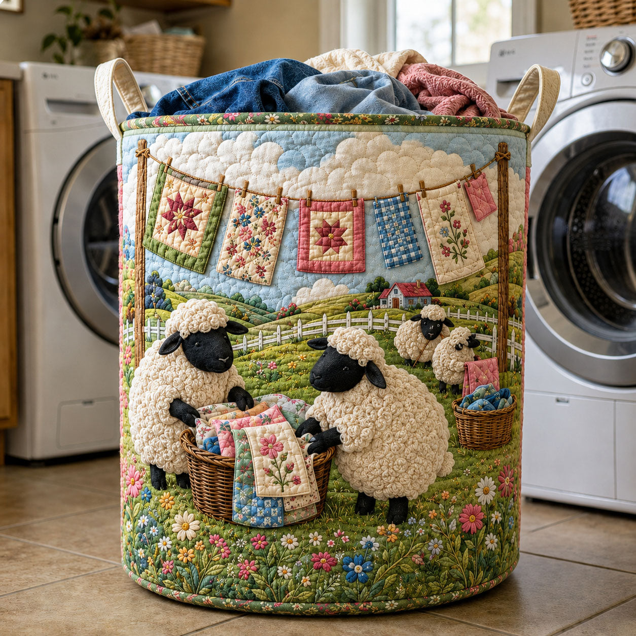 Quilted Sheep Meadow Quilted Laundry Basket Sheep Lover Laundry Hamper Gift For Living Room