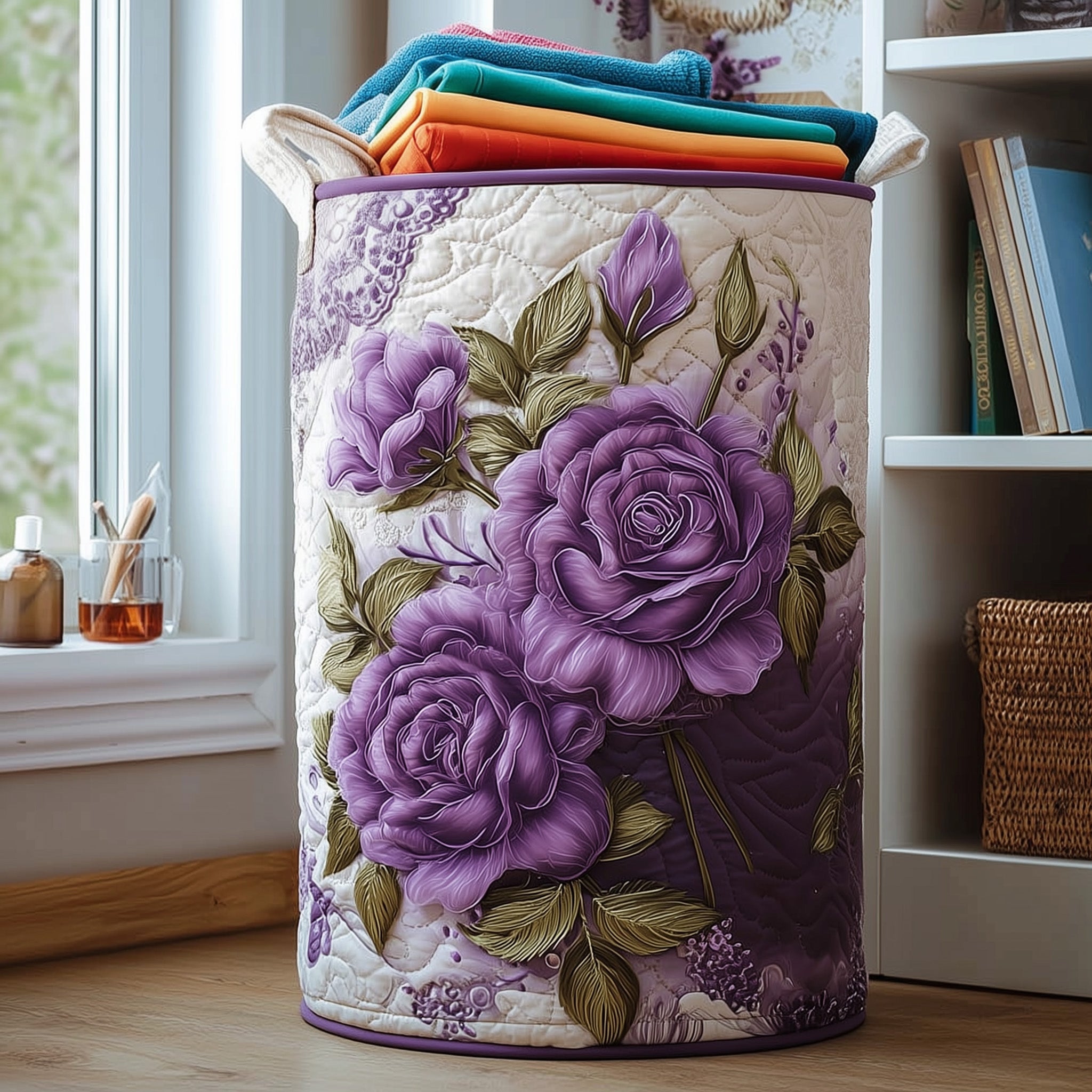 Purple Rose Garden Quilted Laundry Basket Floral Rose Clothes Hamper Cozy Living Gift Ideas