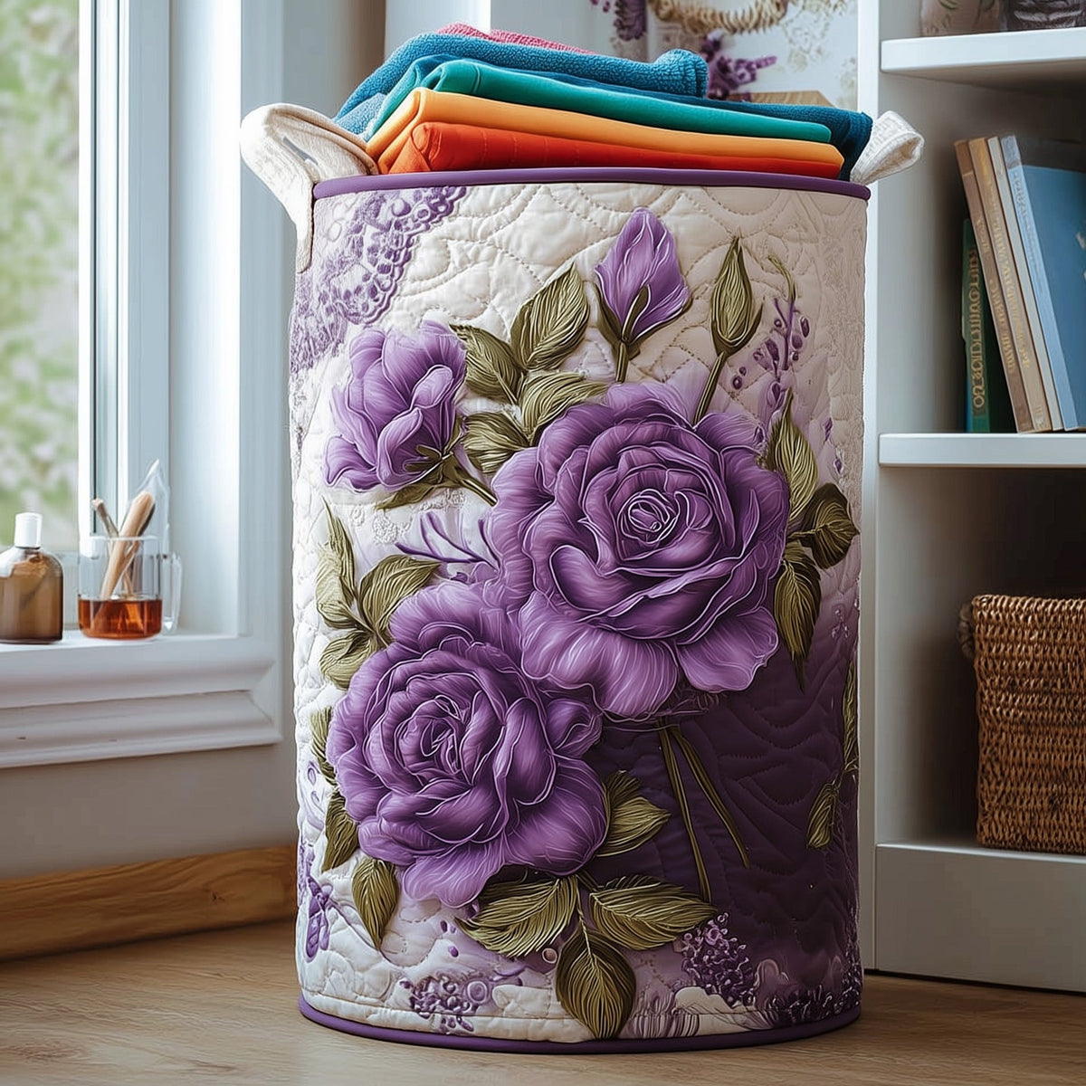 Purple Rose Garden Quilted Laundry Basket Floral Rose Clothes Hamper Cozy Living Gift Ideas
