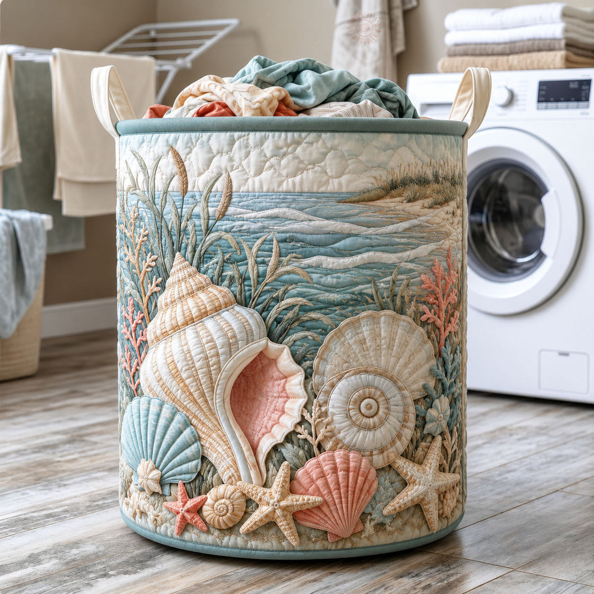 Seashell Shoreline Quilted Laundry Basket Seashell Beach Storage Basket Unique Decor Gift