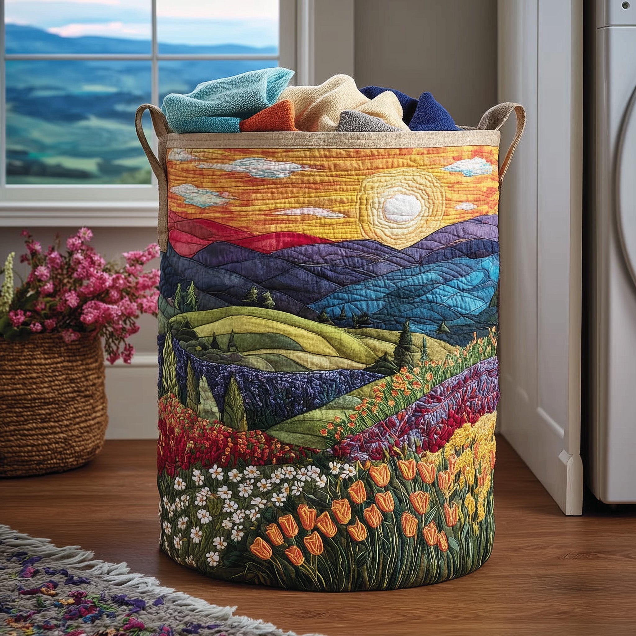 Whimsical Landscape Quilted Laundry Basket Floral Mountain Sunset Storage Basket Room Gift