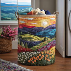 Whimsical Landscape Quilted Laundry Basket Floral Mountain Sunset Storage Basket Room Gift