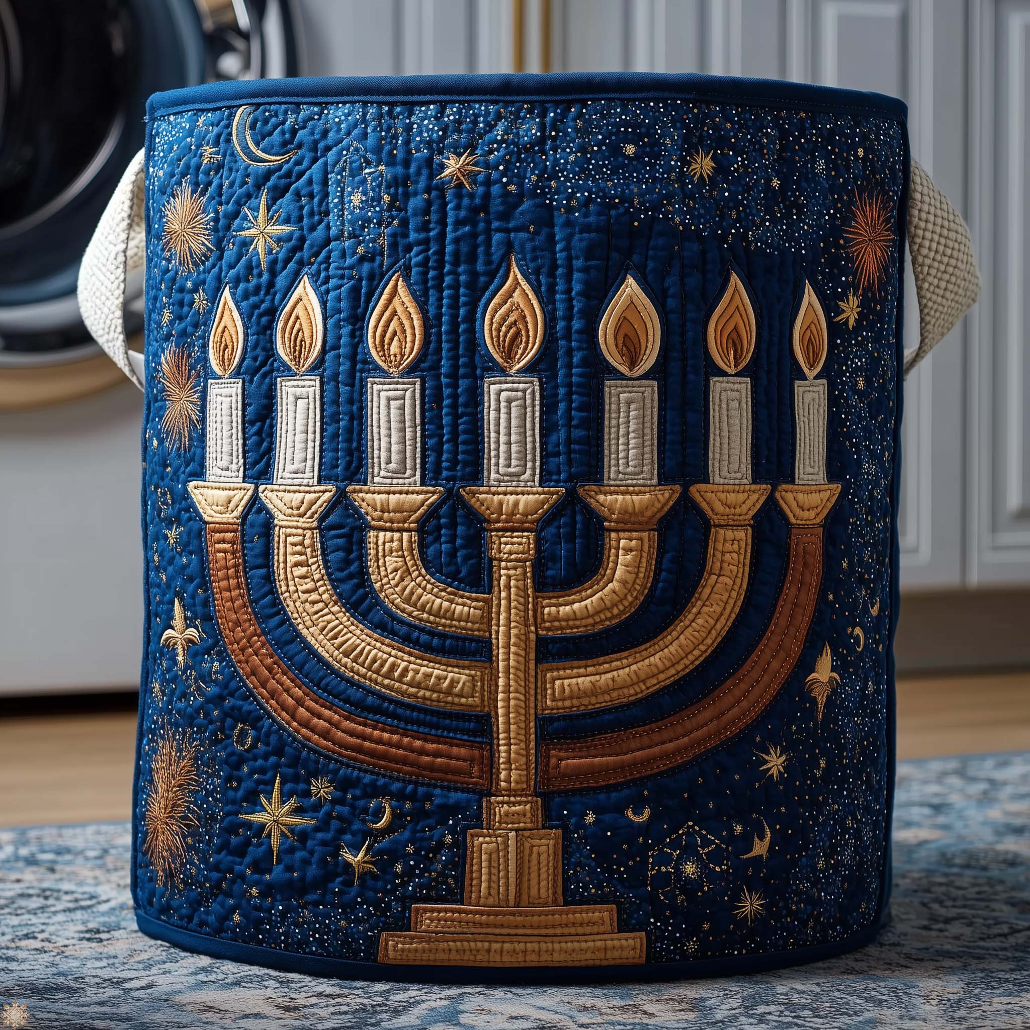 Starry Night Menorah Quilted Laundry Basket Hanukkah Menorah Laundry Hamper House Lover Gift